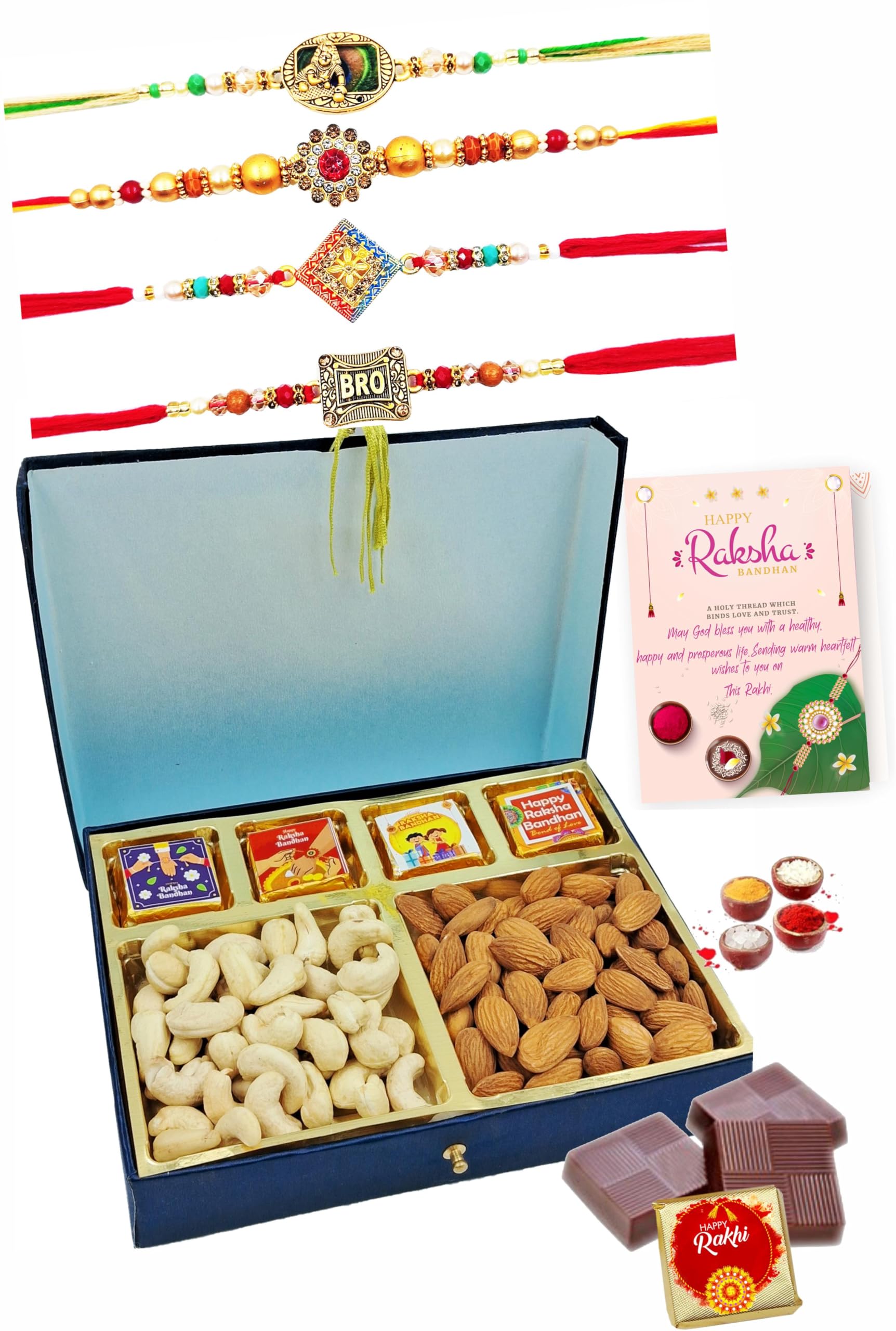Rakhi Gift Set for Brother & Bhabhi,Men,Adult,Younger,Elder Brother – 4 Rakhi Combo with Handmade Chocolates, Almonds & Tikka Set – Rakshabandhan Gift with Dry Fruits & Sweets for Bhaiya, Kids, Teenagers – Rakshabandhan Special-image-43