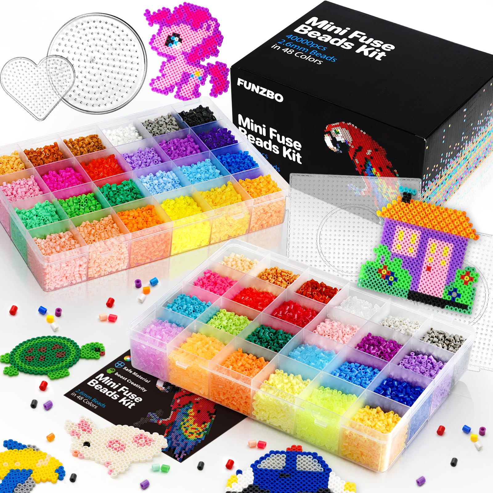 Kit Perles à Repasser 2,6mm – 40 000 Pièces 48 Couleurs, pour Adultes & Ados dès 12 ans – Art Loisirs Créatifs, 8 Plaques, Pince de Précision, Boîte de Tri, Cadeau Créatif