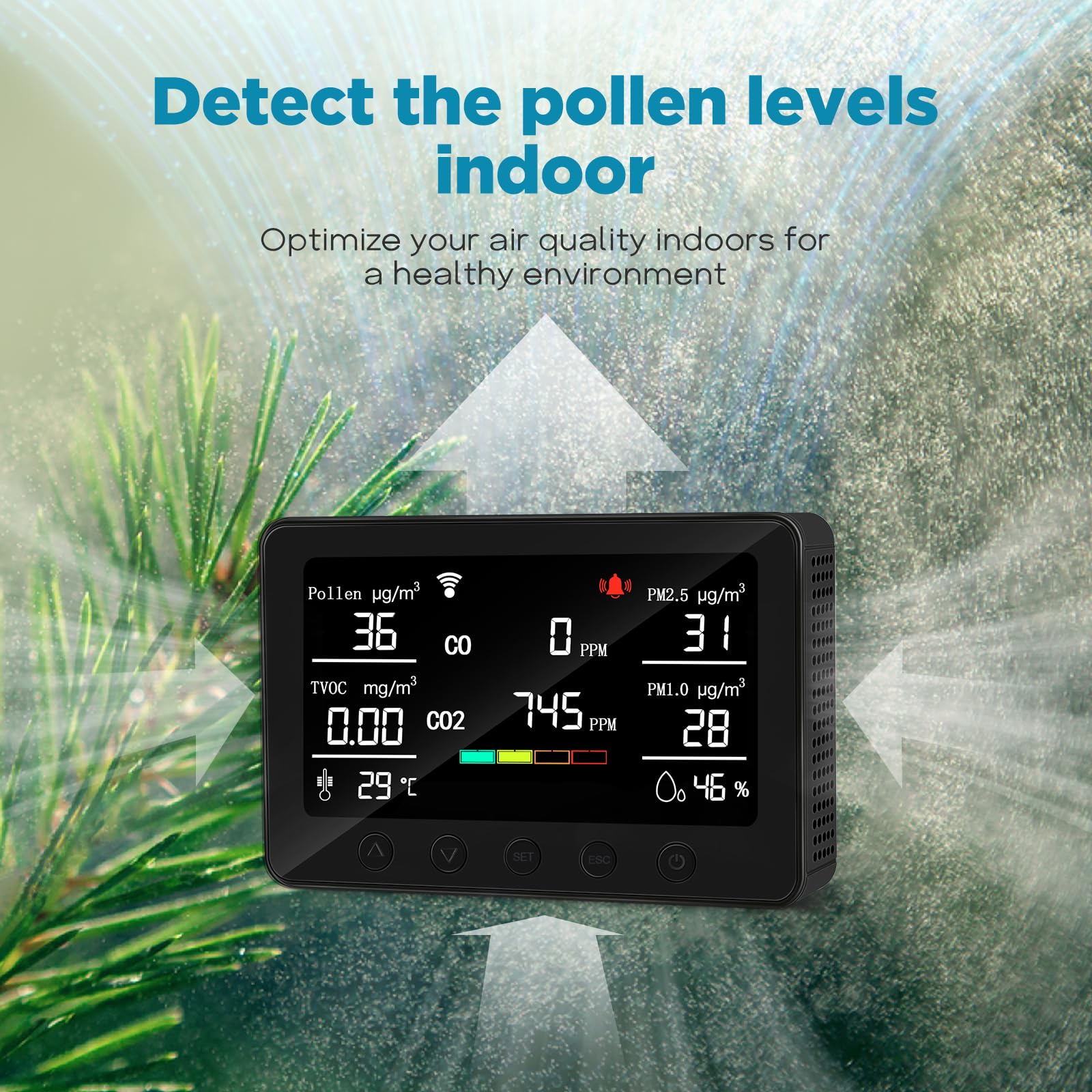 CF-30 Monitor de calidad del aire para interiores para polen, CO2, PM2.5, PM1.0, TVOC, temperatura, humedad, contaminación del aire con pantalla LCD grande, APP para configuración e historial