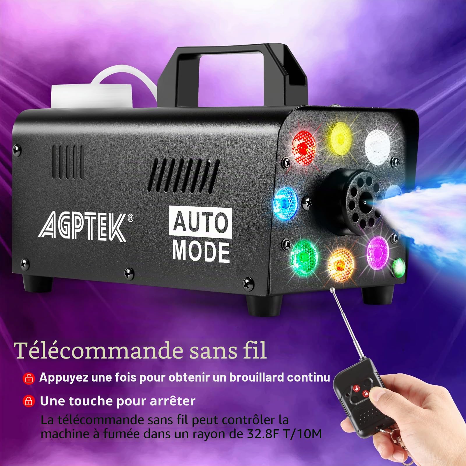 Machine à fumée avec télécommande sans fil & LED lumière couleur activée, facilement transportable et resistante. Idéal pour Halloween, Noël, mariages, spectacles sur scène etc