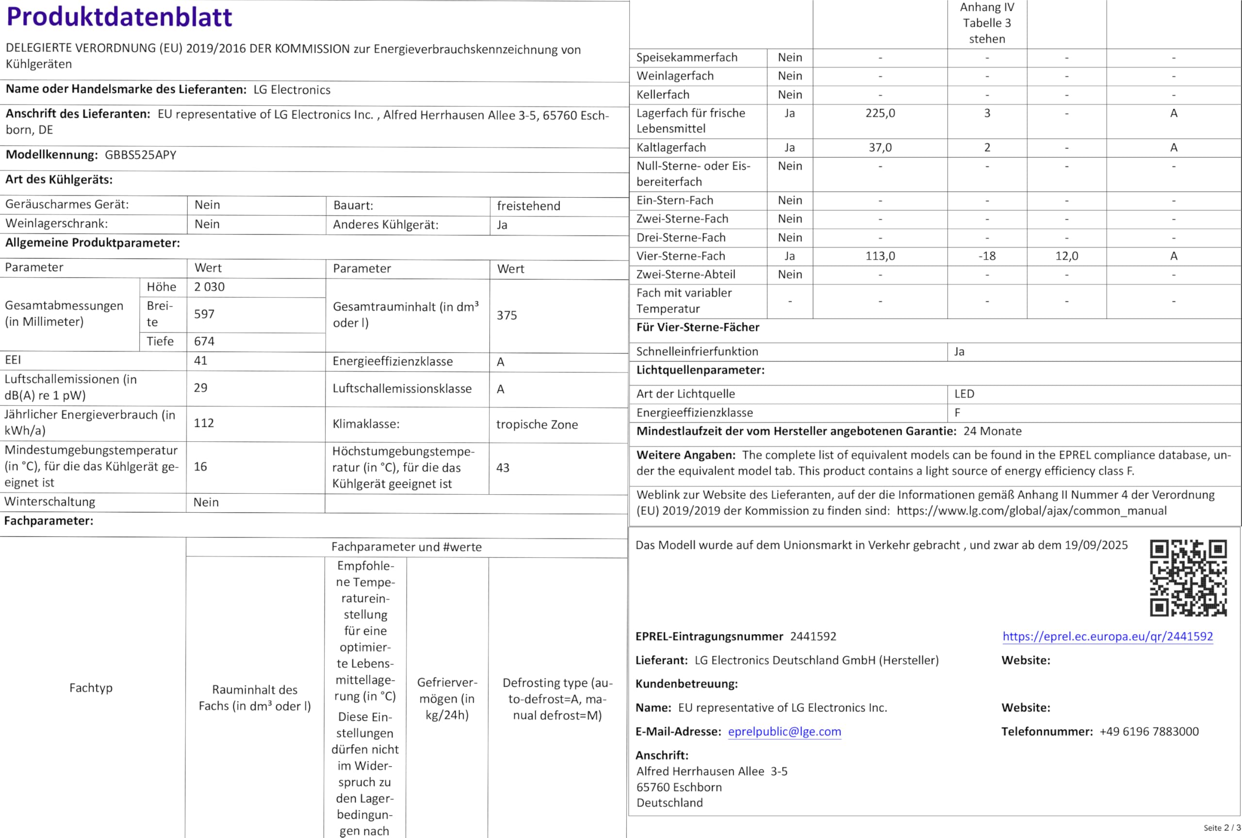 LG GBBS525APY lodówko-zamrażarka do zabudowy (375 l, wysokość 203 cm, szerokość 59,7 cm) z 112 kWh/a i Smart Inverter Compressor®