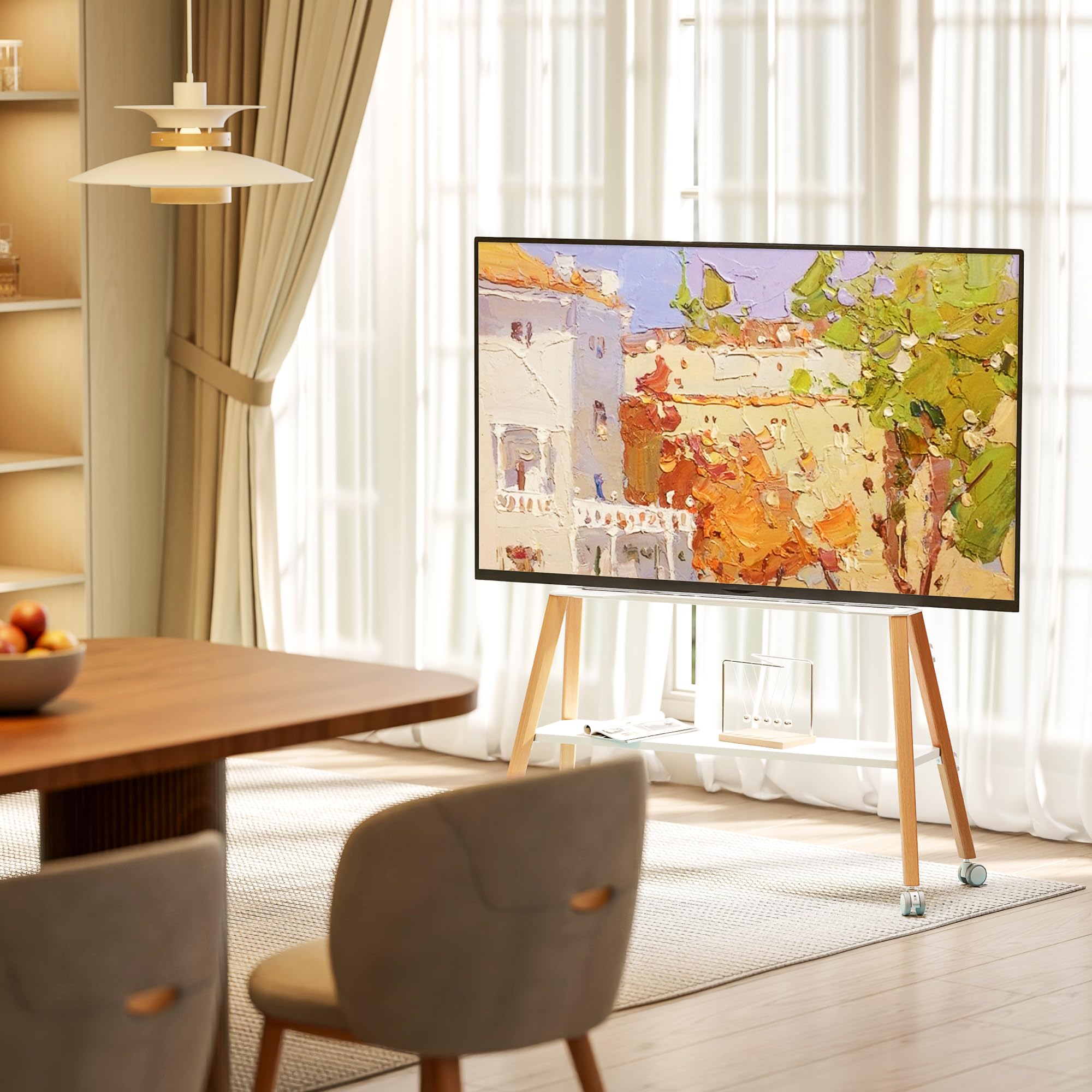 TV Ständer mit Rollen für 49 bis 75 Zoll TV bis zu 40 kg, Easel Design mit Metallstruktur und Holzablage, Beweglicher TV Ständer auf Rädern für Geschäft, Büro, Schule, Haus