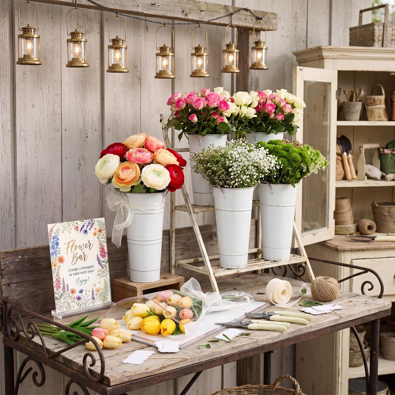 142 piezas de suministros de barra de flores con 12 cubos blancos, 100 bolsas de envoltura de flores, tijeras para letreros de flores, suministros de barra para boda, novia, graduación
