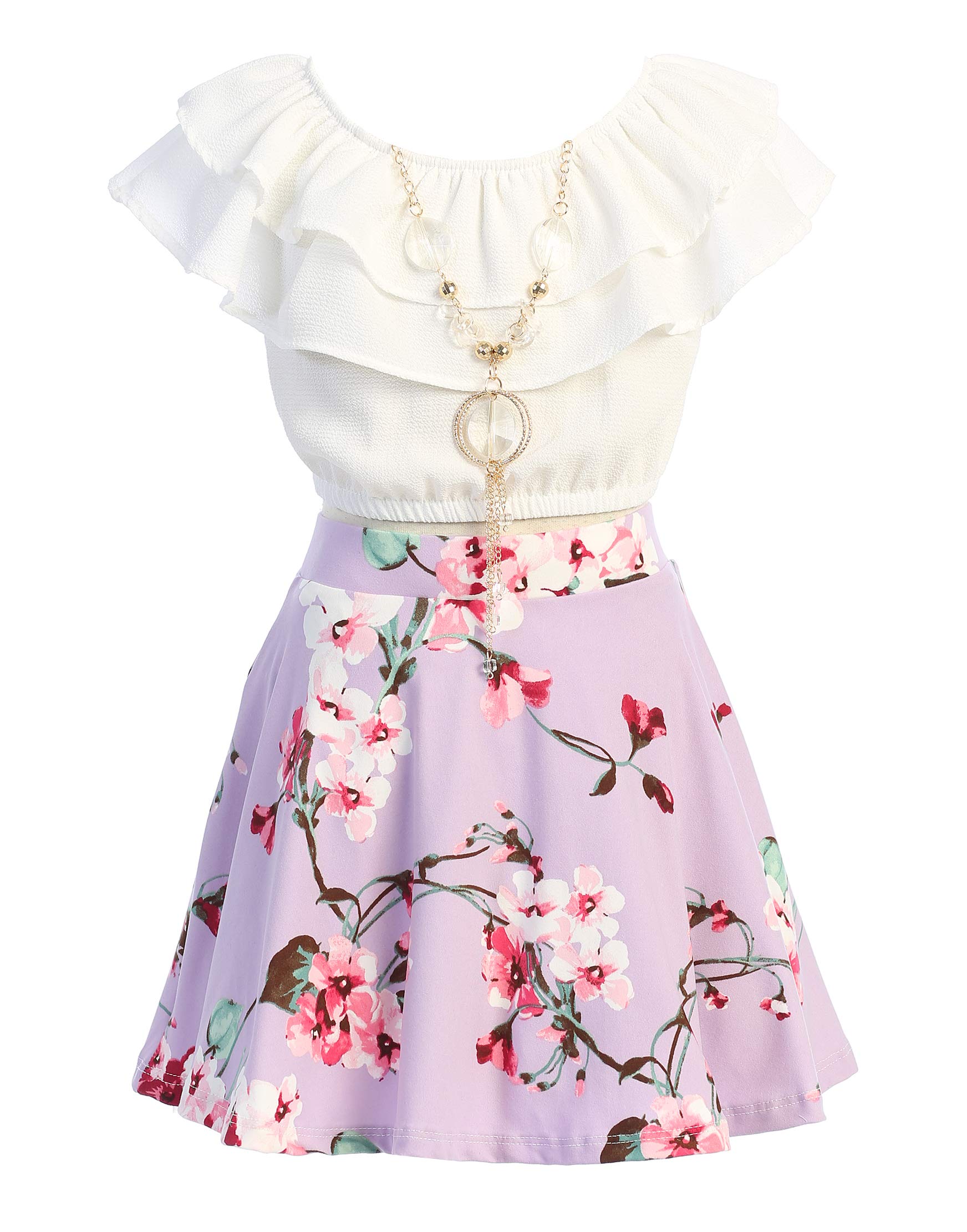 iGirlDress Girls Off Shoulder Crop Ruffle Layered Top and Skirt Set Outfit USA 4-14