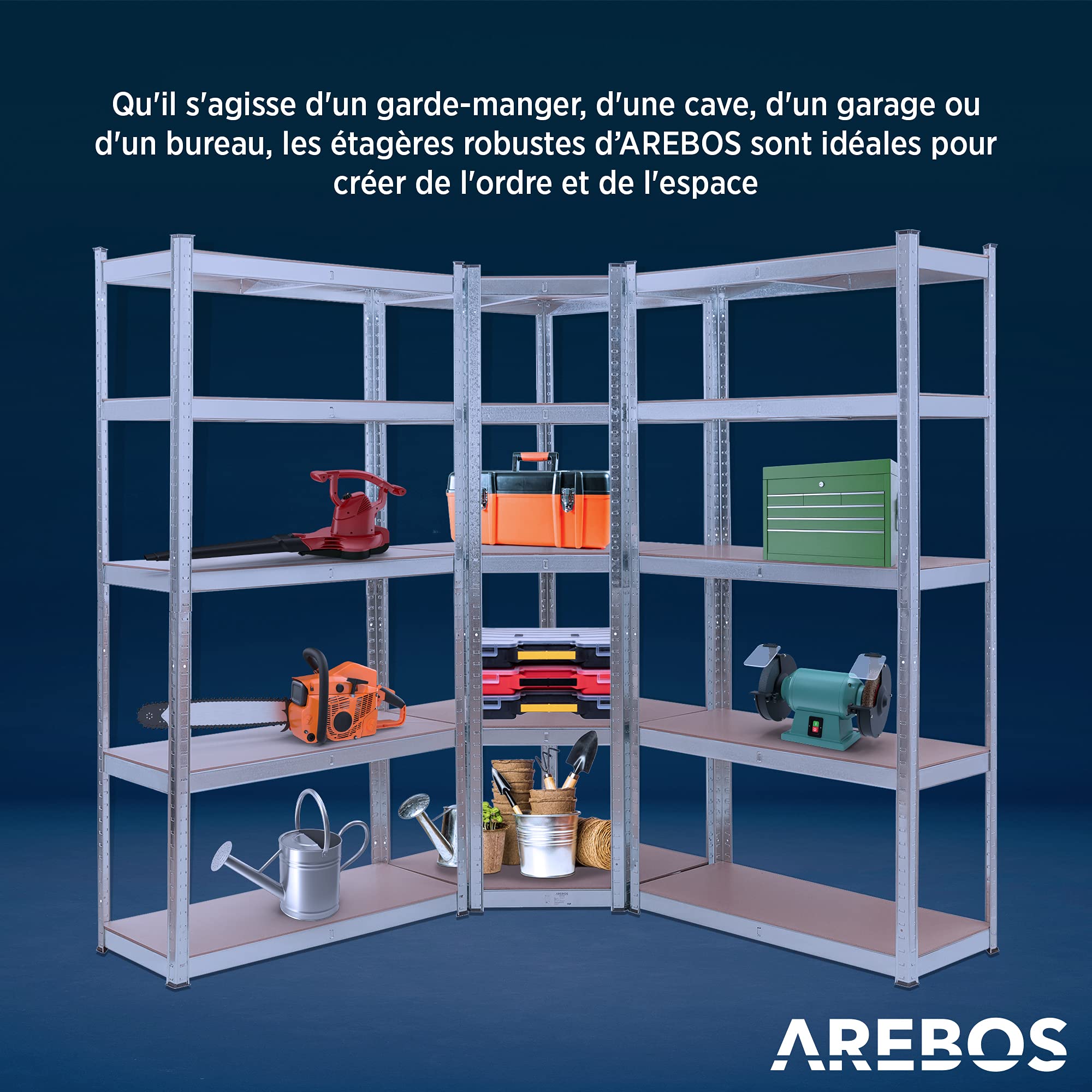 AREBOS Étagère pour Charges Lourdes, Lot de 3 | Étagère d'angle combinée | Jusqu'à 875 kg de capacité de Charge | Montage par système d'emboîtement | Construction métallique Robuste | Argent