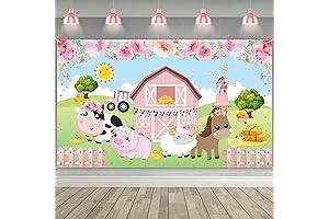 Pink Flowers Farm Animals Backdrop for Birthday Party