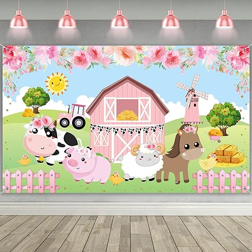 Tatuo Pancarta de fondo de decoración de cumpleaños de granja rosa, tamaño grande, 3.6 x 6 pies, pancarta de fondo de animales de granero para baby
