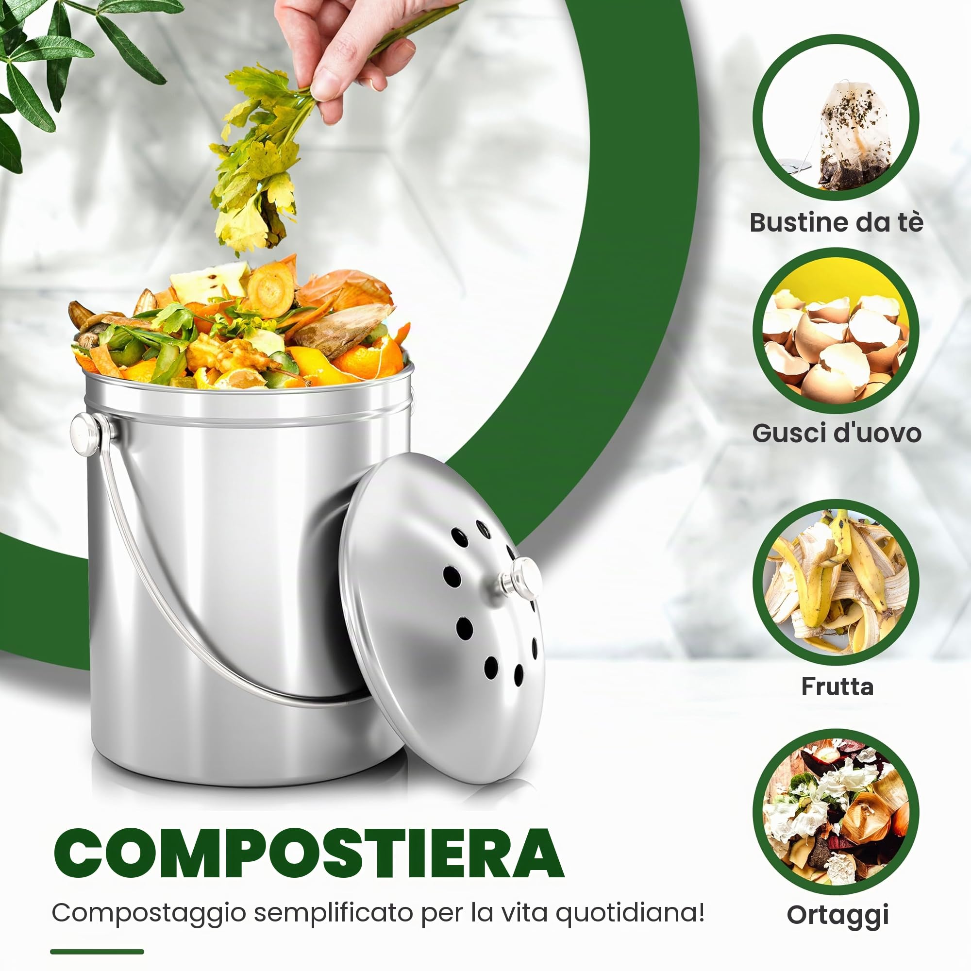 Bidone per compostaggio in acciaio inox di alta qualità, 3 litri, include filtro al carbone Utopia Kitchen