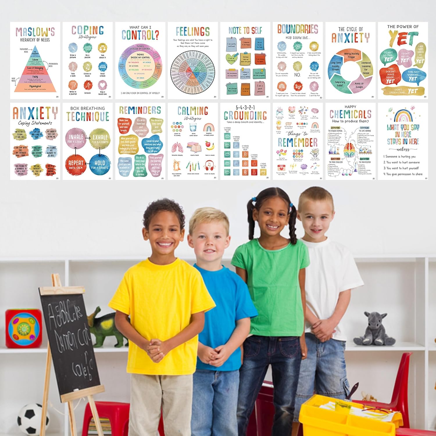 Jinniee 16 Pcs Colorful Mental Health Posters (11"x17"),16 Posters Anxiety Therapy Motivational Poster Counseling Office Must Haves, School Counselor Supplies for Middle High School Must Haves Sets