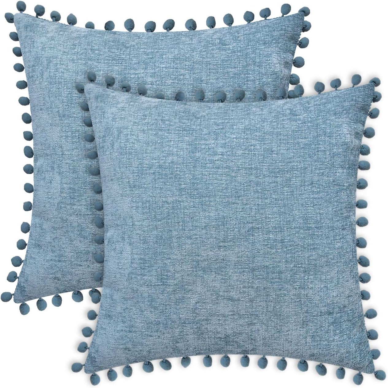 CaliTime Throw Pillow Cases Pack of 2 Cozy Solid Dyed Soft Chenille Cushion Covers with Pom Poms for Couch Sofa Home Decoration 55cm x 55cm Smoke Blue