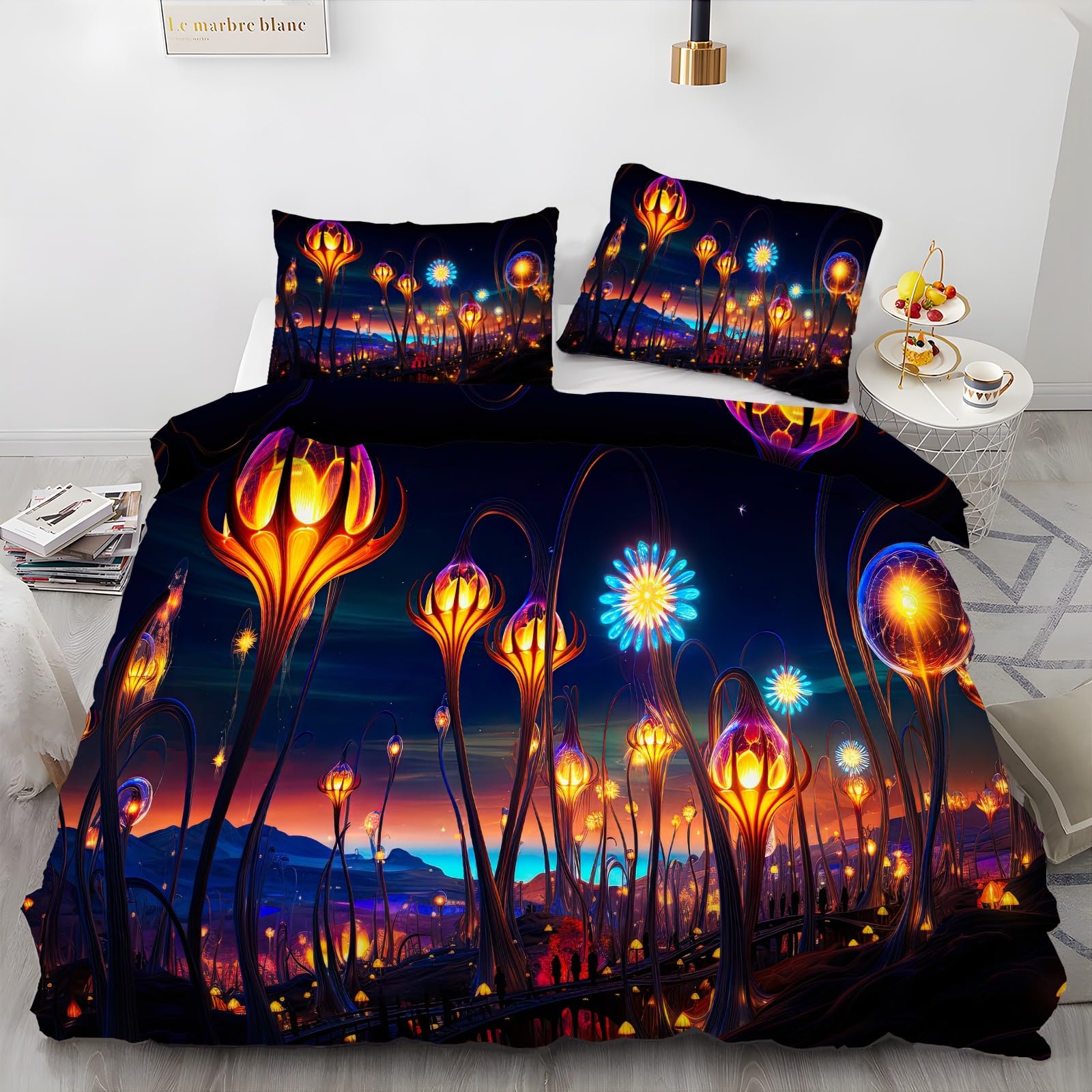 3-częściowy komplet pościeli 200 x 220 cm, czarna lampka, poszewka na kołdrę z abstrakcyjnym wzorem z zamkiem błyskawicznym, mikrofibra, puszysta miękka pościel z 2 poszewkami na poduszkę 80 x 80