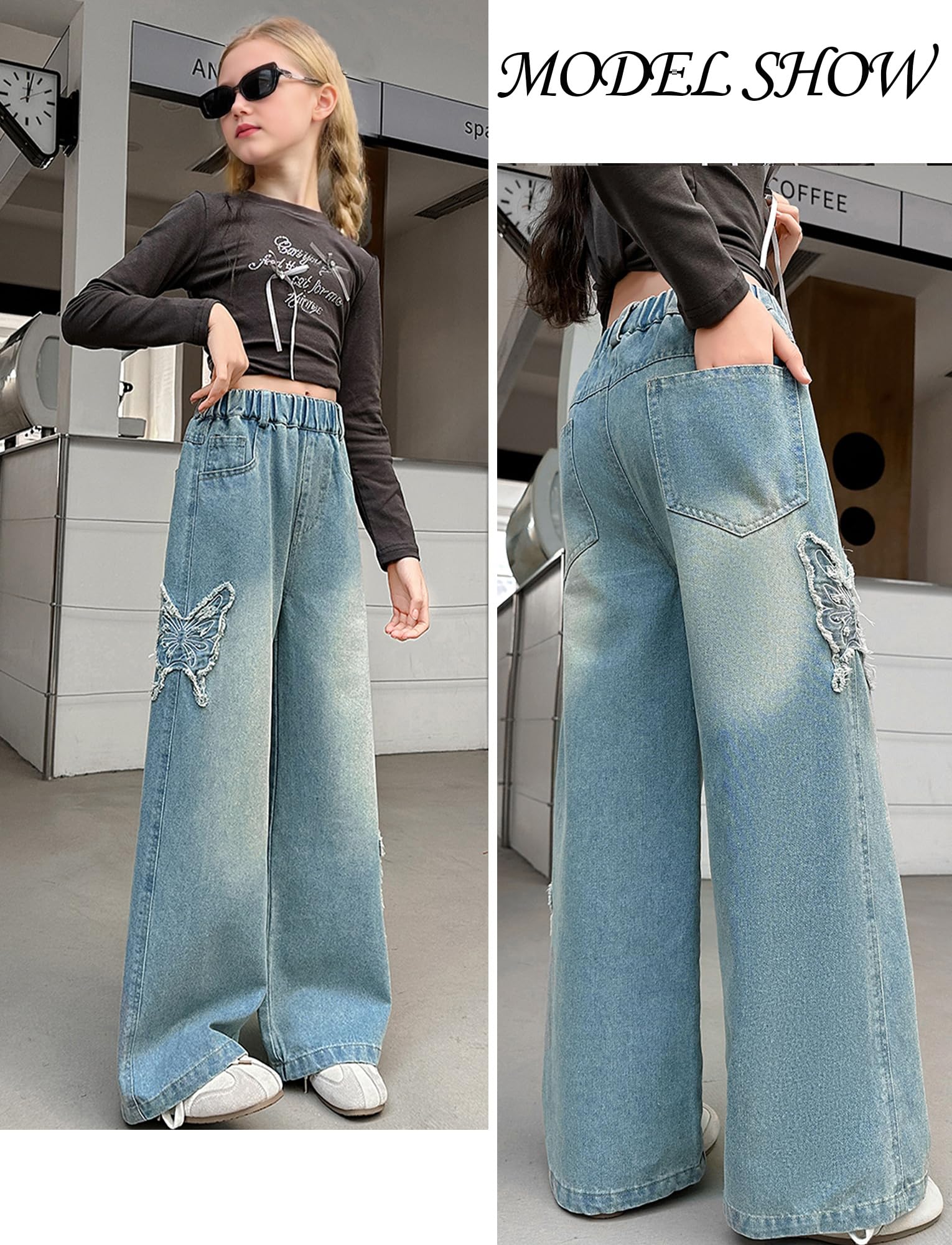 Happy Cherry - Pantalones Vaqueros Holgados para Niña Pantalón de Mezclilla Ancho Algodón Jeans Estilo Callejero Vintage Infantil Chica Cintura Elástica para Primavera Verano Otoño Invierno - 110-164