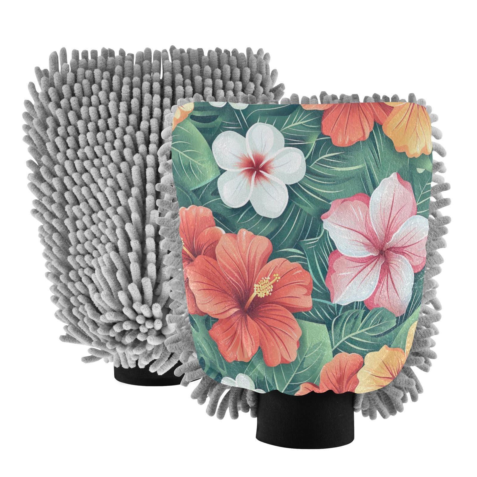 Kigai Hawaiian Egg Blossom Car Wash Mitt Microfiber, 2Pcs Scratch Free Lint-Free, Premium Chenille Microfiber Mitt Car Wash Brush-L