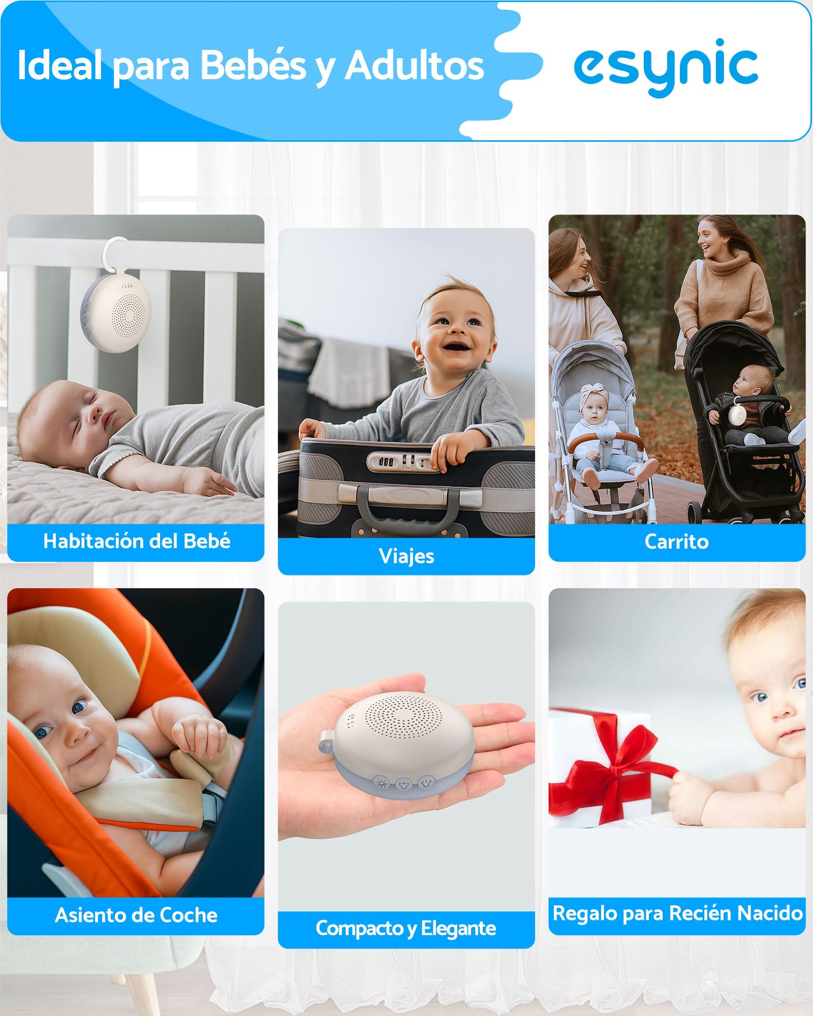 eSynic Mini Máquina de Ruido Blanco para Bebés y Adultos Recargable Máquina de Sonido Portátil con Luz Nocturna Ajustable Aparato de 12 Sonidos Relajantes Temporizador Anillo Colgante Desmontable