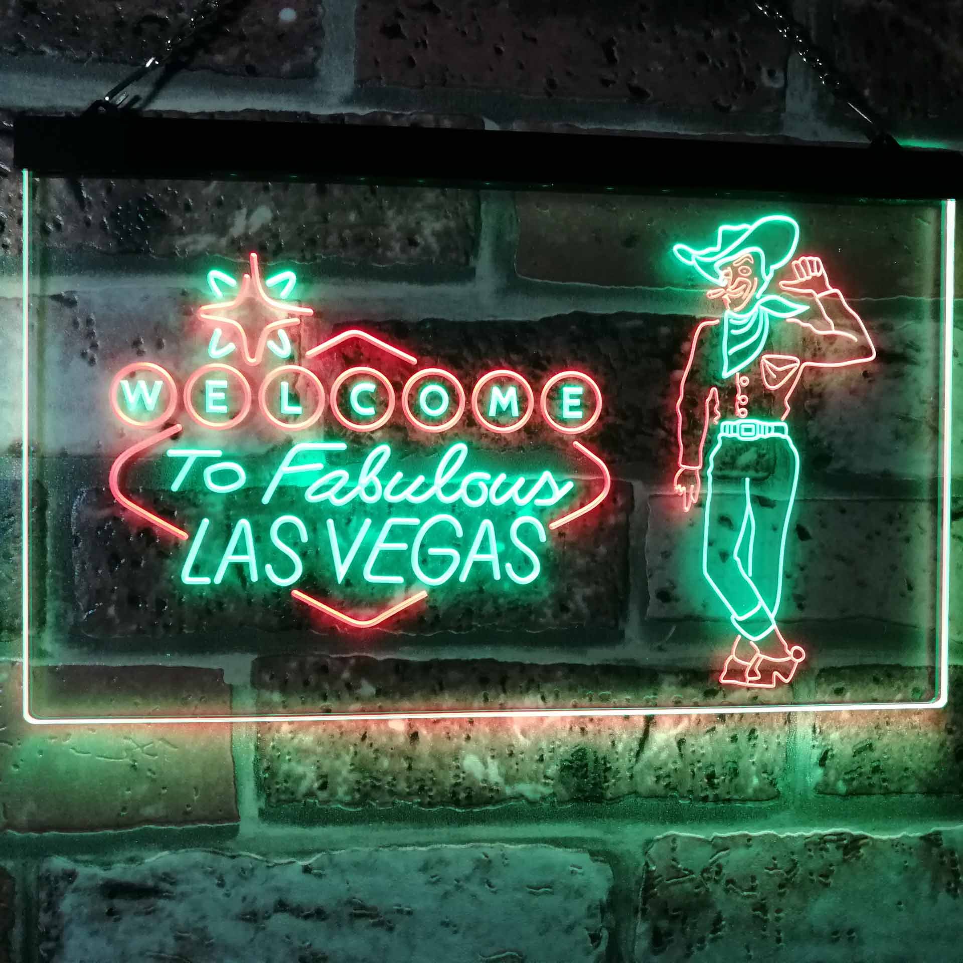 ADVPRO Cowboy Welcome to Las Vegas Beer Bar Pub Display Dual Color LED Enseigne Lumineuse Neon Sign Vert et Rouge 400 x 300mm st6s43-i3005-gr