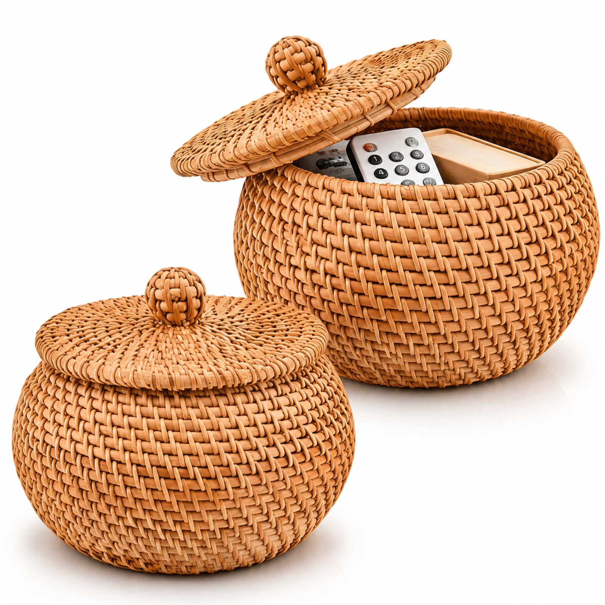 Photo 1 of Hushee 2 Pack Handwoven Rattan Storage Baskets with Lids