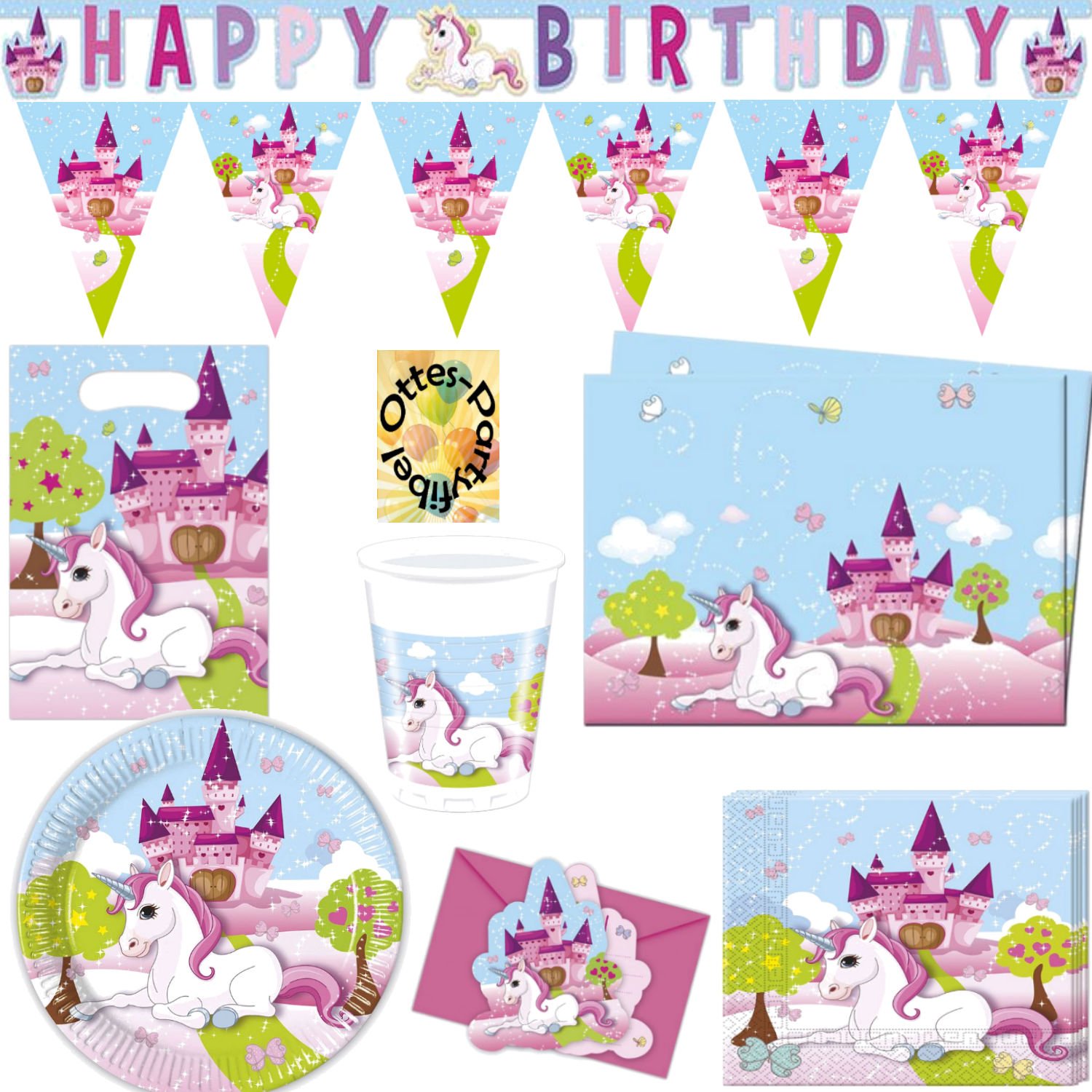 Unicorn Einhorn Partyset 75tlg. für 12 Gäste Teller Becher Servietten Tischdecke Mitgebseltüten Einladungen Girlanden