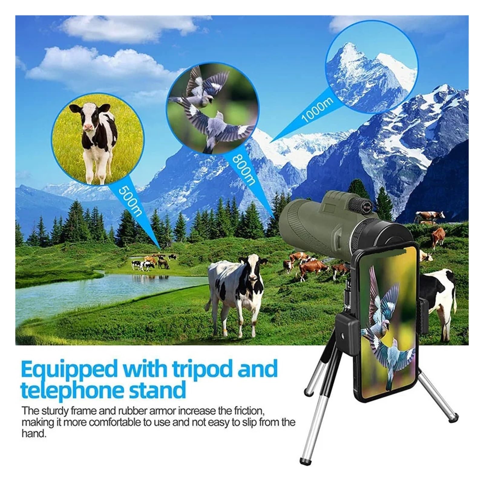 Télescope Monoculaire 80x100 HD, Zoom Longue Portée De 8000M, Prisme Bak4, avec/sans Trépied, Clip Téléphone, Chasse, Camping en Plein Air Grossissement HD(Green with Tripod)