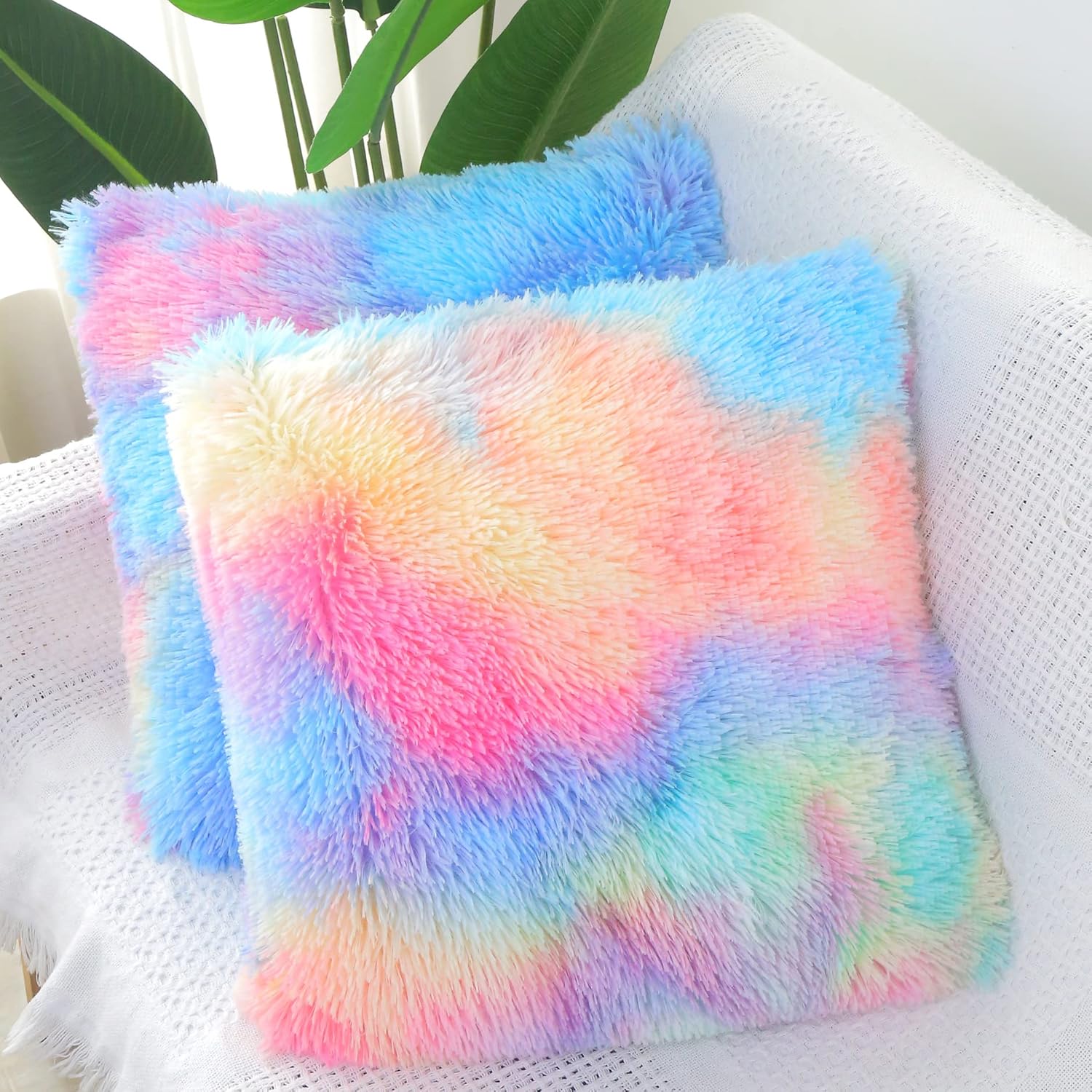 Girl Room Decor Fluffy Pillows for Bed Soft Faux Fur Throw Pillow Cover Rainbow Pink Sofa Cute