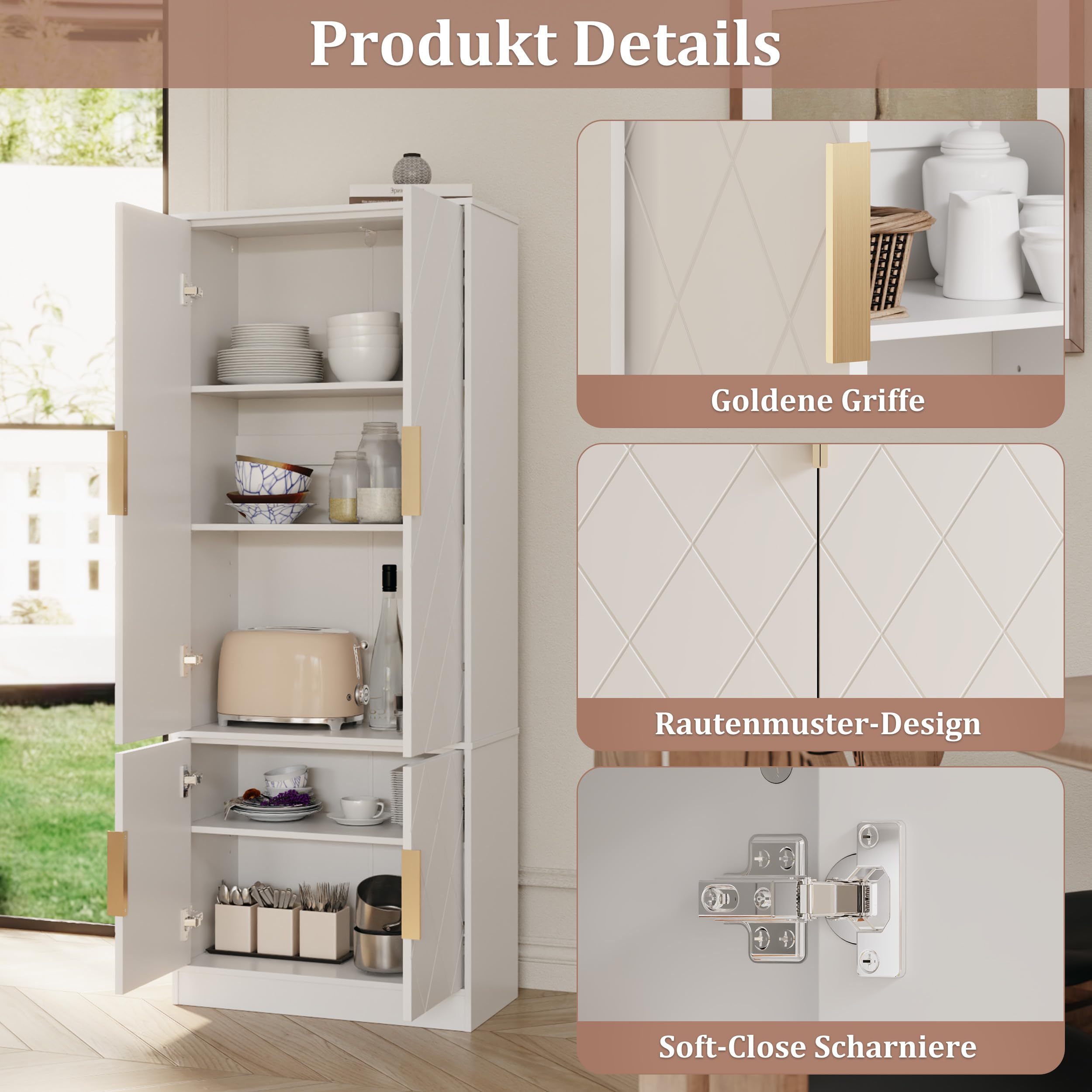 UEV Hochschrank mit 4 Türen, Kücheschrank, Badzimmerschrank Mehrzweckschrank Aktenschrank mit verstellbare Ablage vielseitig einsetzbar für Büro, Flur, Küche, Hauswirtschaftsraum 60x30x150cm Weiß