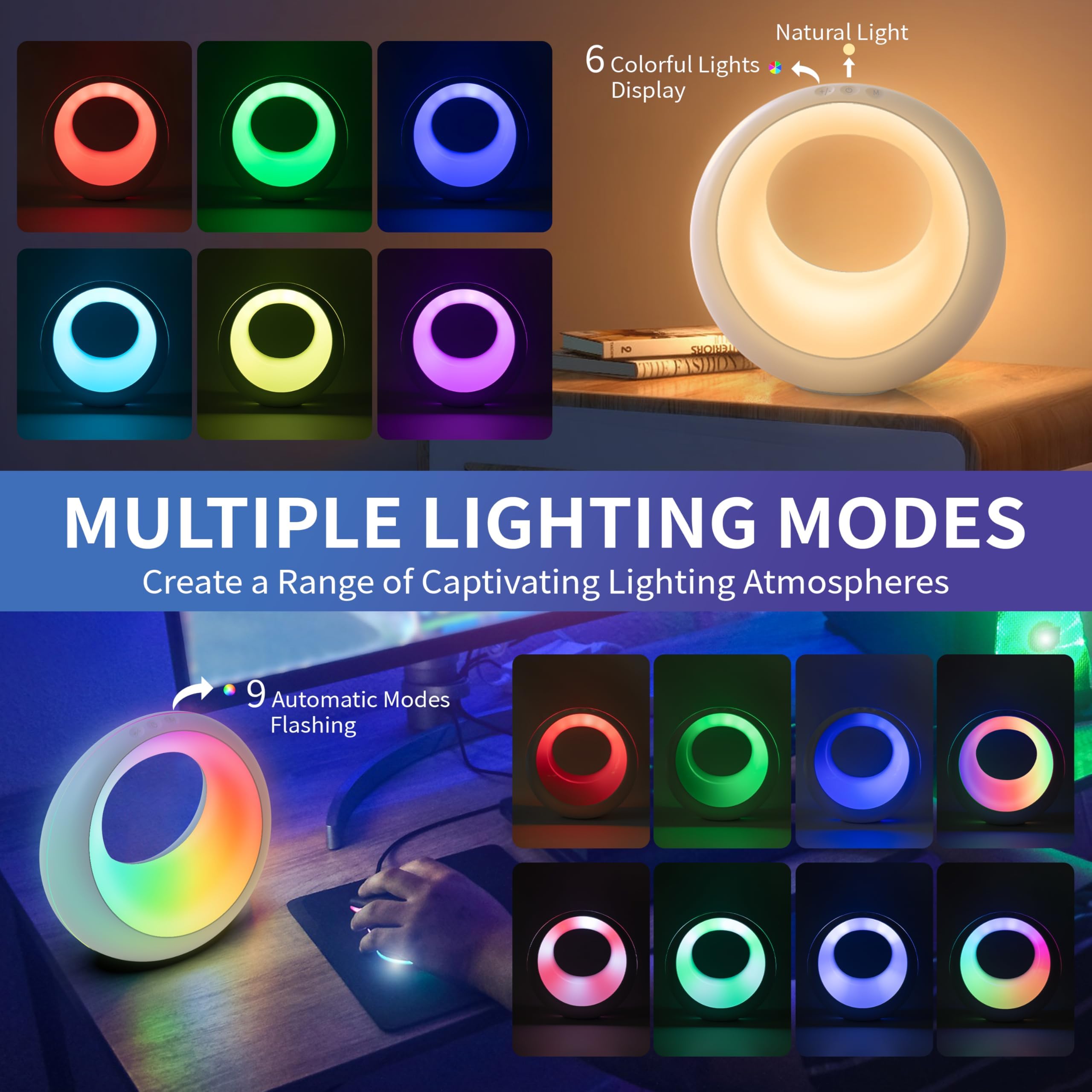 HOOMOOZ Lampada da Comodino, Luce Notturna Bambini a LED, Bajour Comodino Colori Dimmerabile RGB, 9 Modalità di Luce, Touch e Telecomando, Funzione Timer, Ricaricabile, per Camera da Letto, Soggiorno