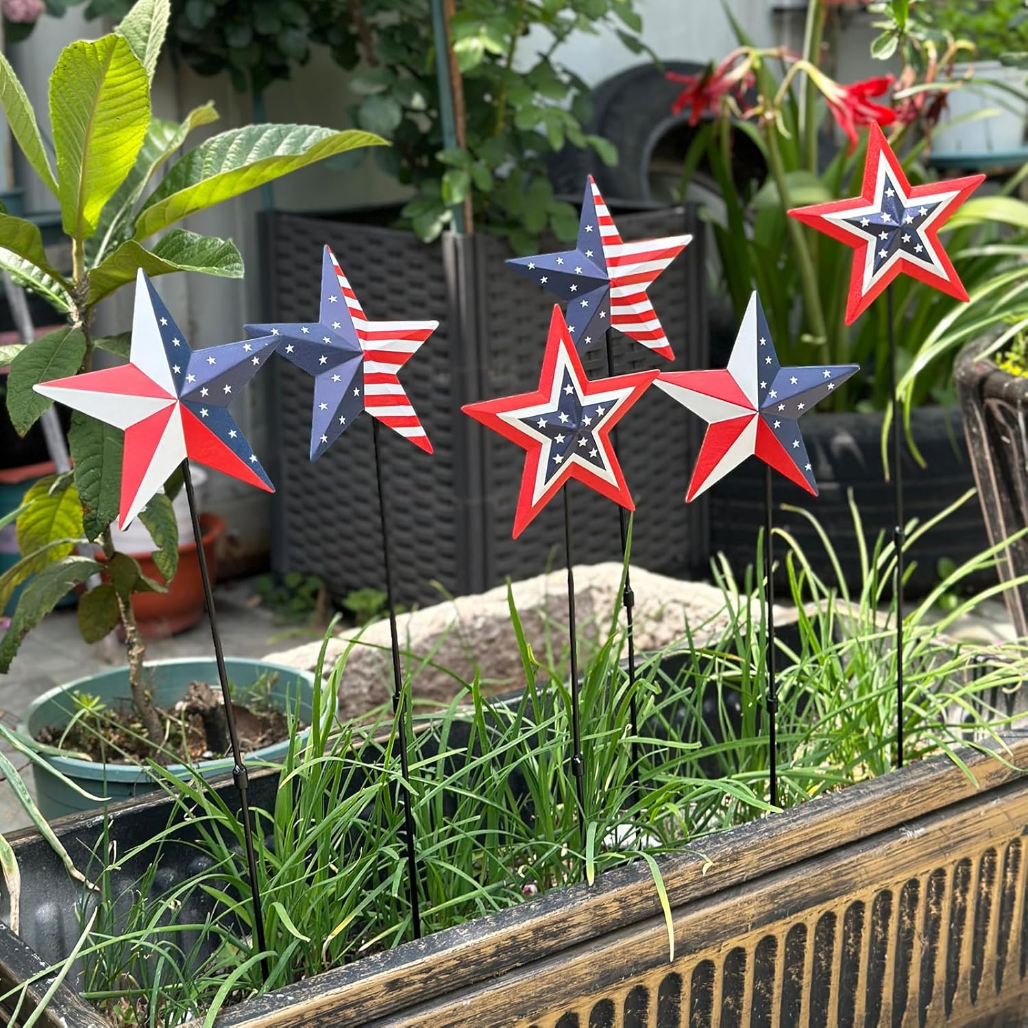 6 Pcs 4th of July Decorations Outdoor,22" Patriotic Metal Barn Stars Decorative Garden Stakes for Independence Day,Americana Patriotic Yard Signs Decor for Garden Lawn Porch