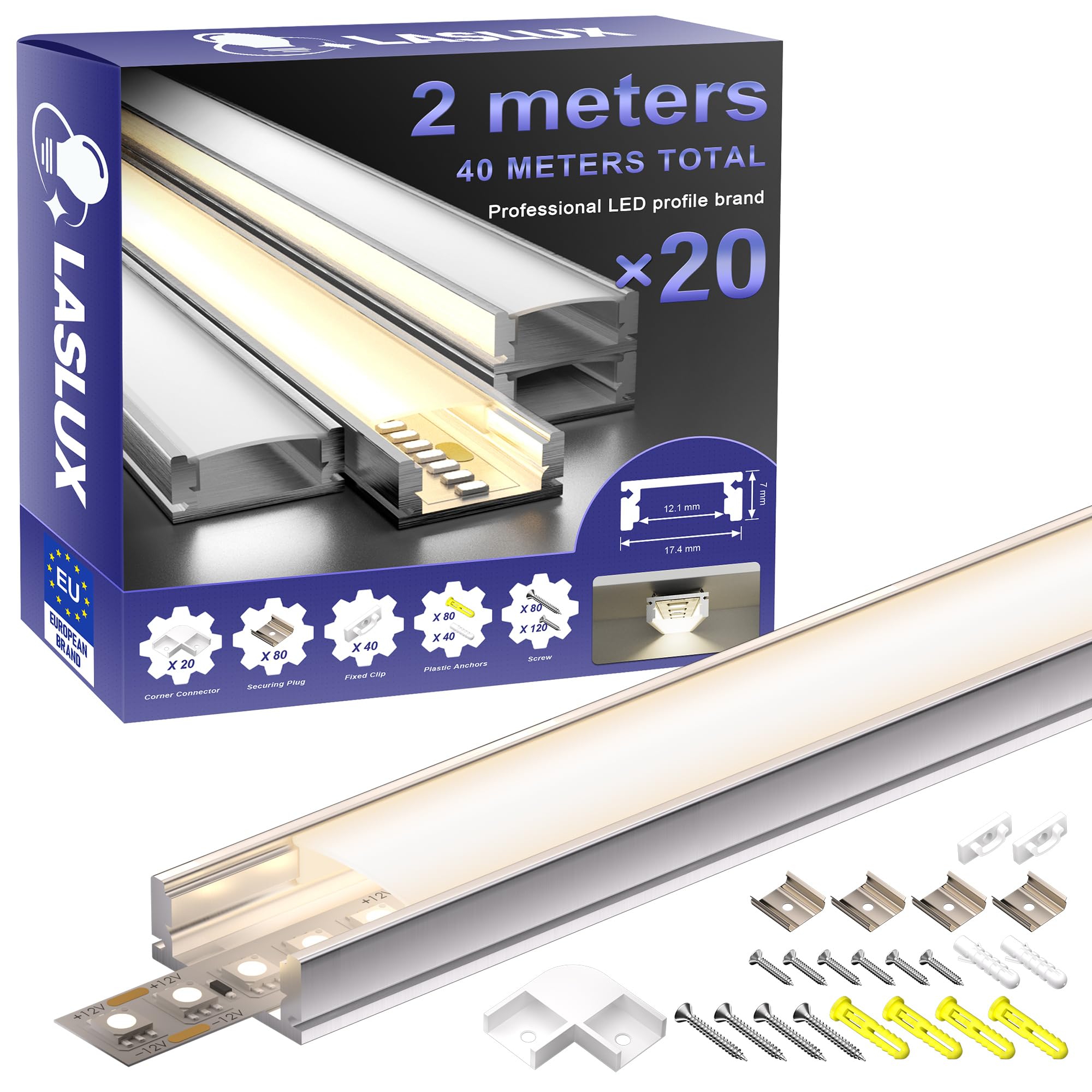 Profil aluminiowy LED, 2 m x 20 sztuk (40 m), aluminiowy profil LED, aluminiowy z mleczną pokrywą, zaślepkami końcowymi i uchwytem montażowym, metalowym klipsem montażowym