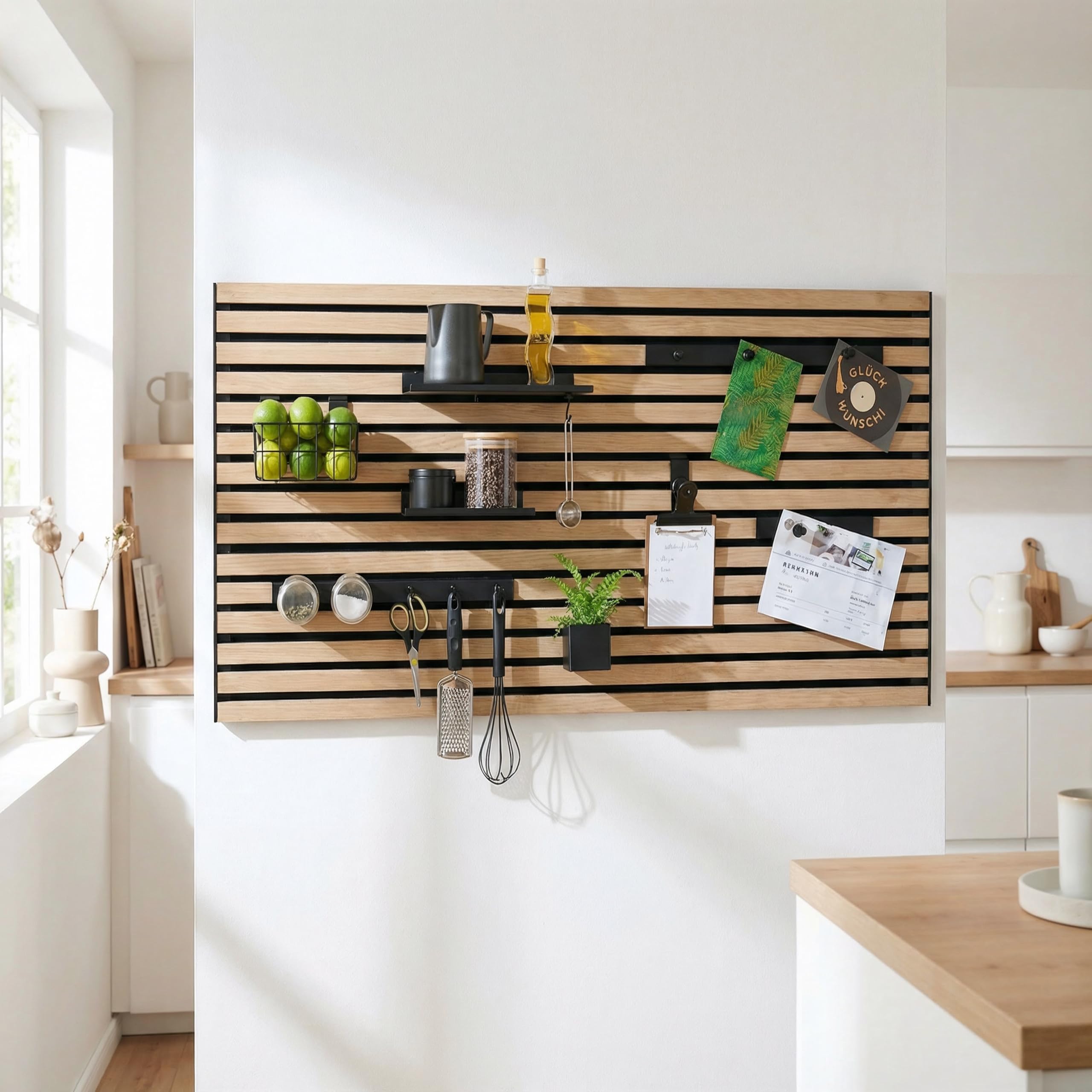 Steinmine - Designmanufaktur Wandorganizer (60 x 120 cm) - Akustikpaneel mit Eichenholzlamellen - inkl. Zubehör - einfache Montage - für Büro, Flur, Küche, Bad und mehr