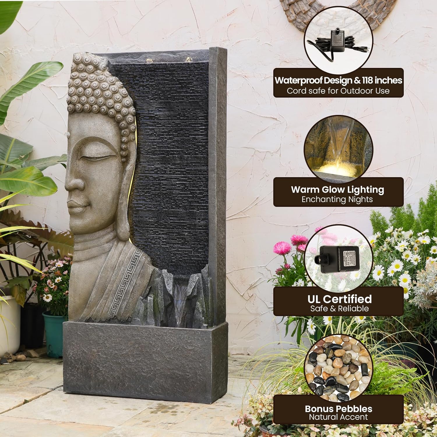 Tankana 47.5" Buddha Water Fountain Outdoor with LED Lights, Large Zen Garden Waterfall Feature with Double Bubblers and Stream, Resin Statue for Patio, Yard, Porch, Meditation Decor