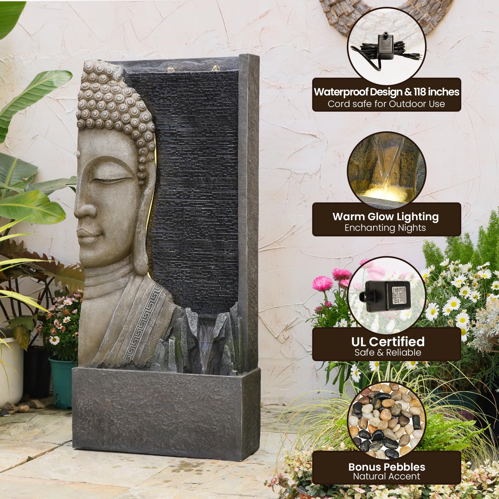 Tankana Buddha-Wasserbrunnen für den Außenbereich, 119,4 cm, mit LED-Lichtern, großer Zen-Gartenwasserfall mit Doppelblasen, Statue aus Kunstharz für Terrasse, Hof, Veranda, Dekoration