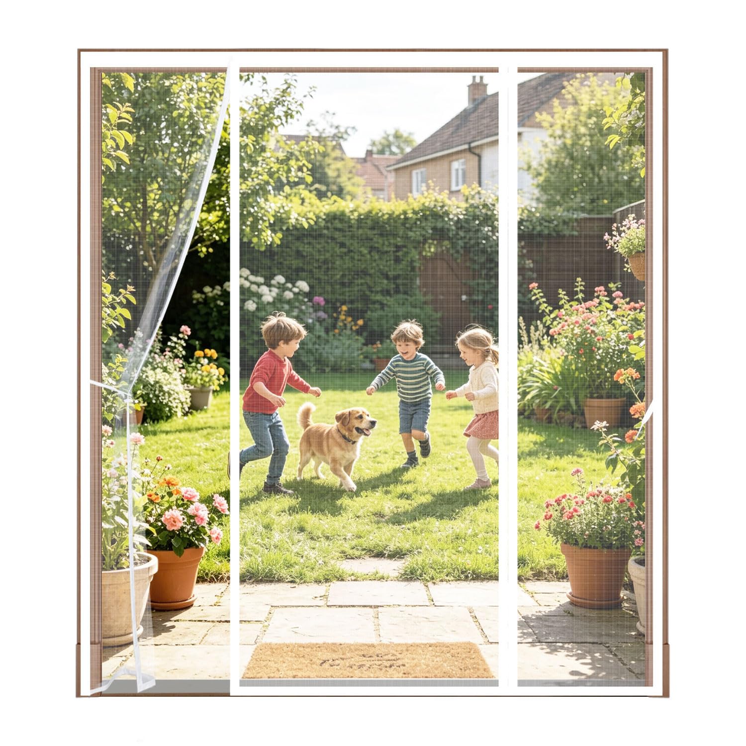 Magnetic Fly Screen for Double Doors, 3-Panel Side-Opening Mosquito Net, 4cm Widened Top Hook & Loop, Heavy Duty Mesh Curtain for French, Patio & Sliding Doors,175x265cm,White