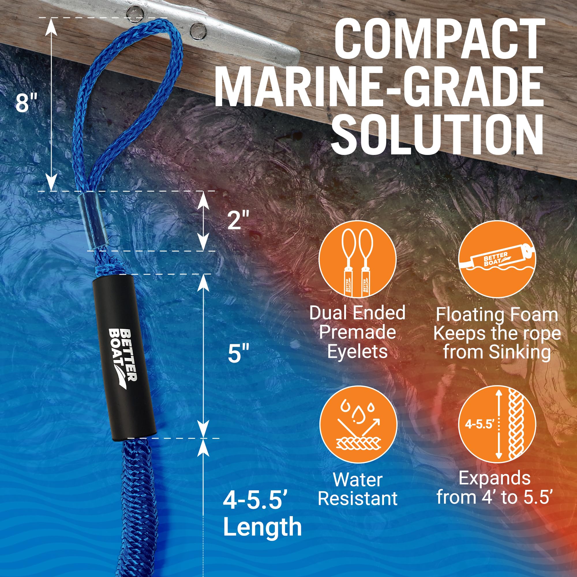 Extreme Max BoatTector Bungee Dock Lines 2-Pack - 8ft Marine Dock Lines With Shock Absorption