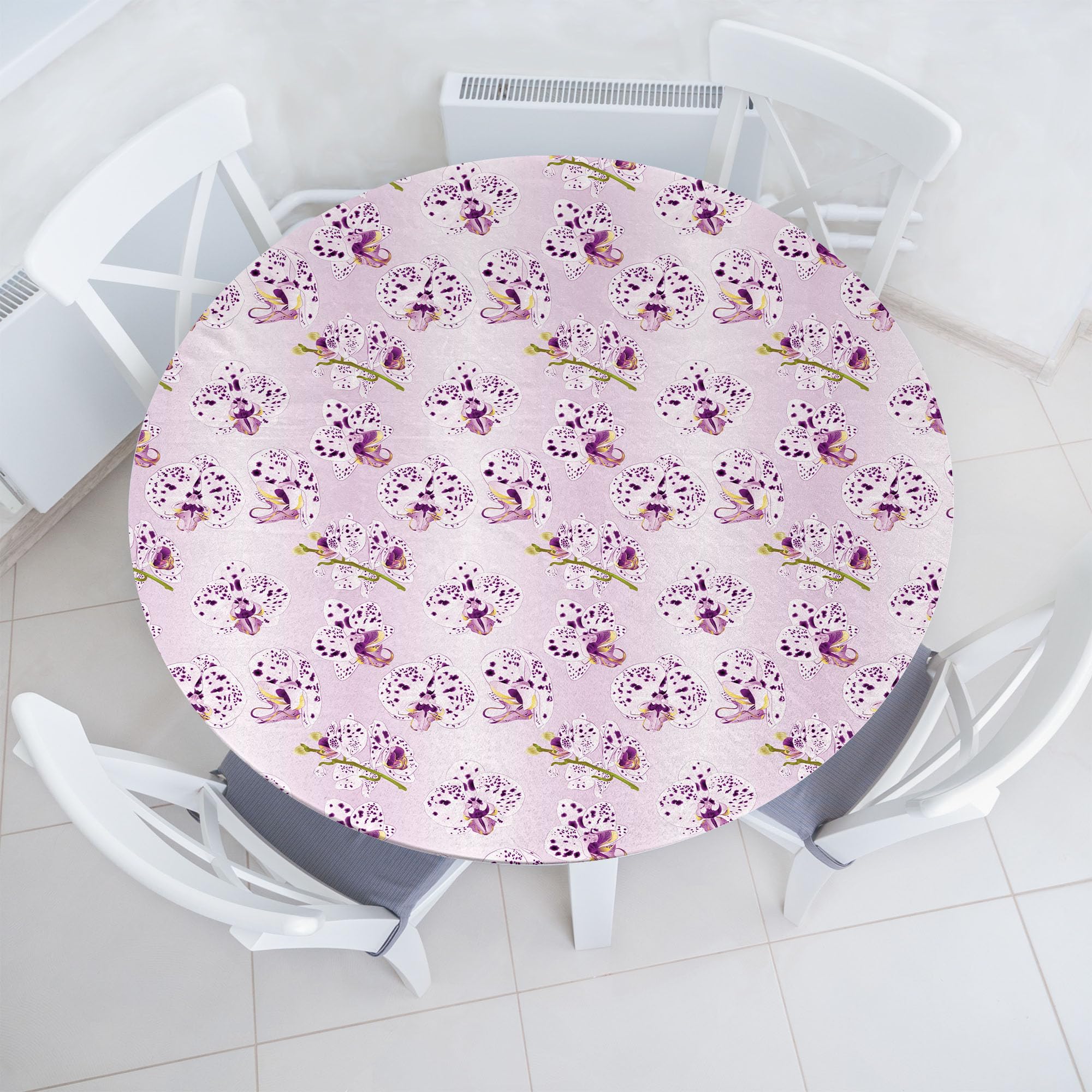 AmbesonneOrchids Fitted Round Tablecloth, Exotic Phalaenopsis Petals Wildflowers Flourish Blossoms Beauty Pattern, All Around Elastic Fabric Table Cover, 45"- 56" Diameter, Pale Pink Purple Green