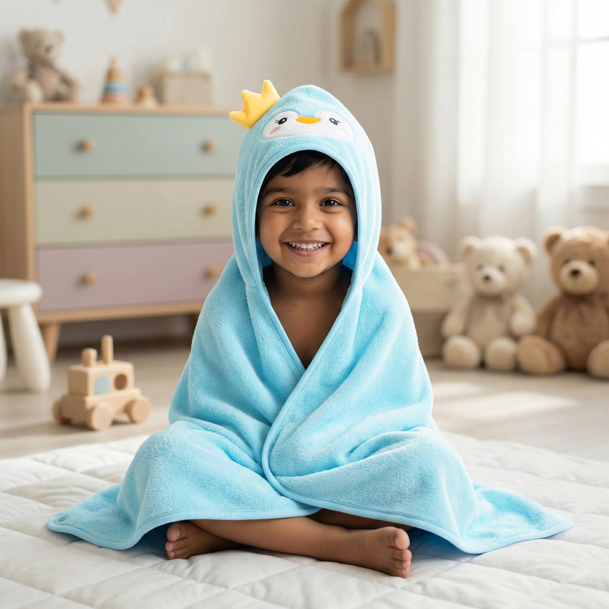 Story@Home Towel for Kids with Hood |300 GSM (80 X 80CM) Quick Dry Kids Towel | Soft Lightweight Baby Wrap for Beach | Pool Towel for Boys & Girls |Kids microfiber towels for bath - Sky Blue - Penguin-image-47