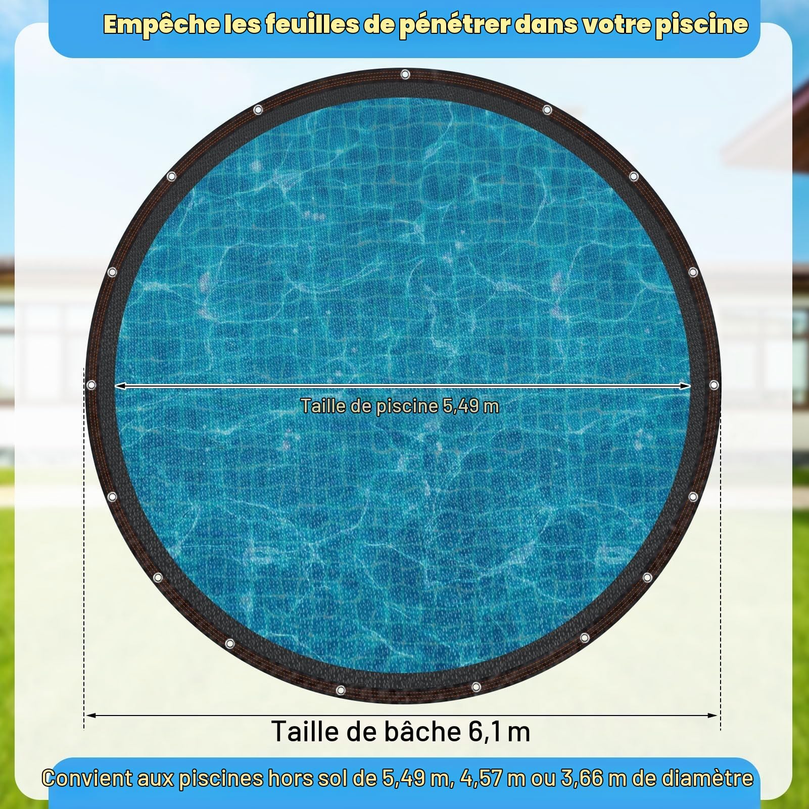 Bâche de Protection en Maille pour Piscine Hors Sol pour Attraper Les Feuilles en Hiver – Filet de sécurité en Maille pour Piscine de 5,5 m – Pare-Soleil de Jardin Noir avec œillets