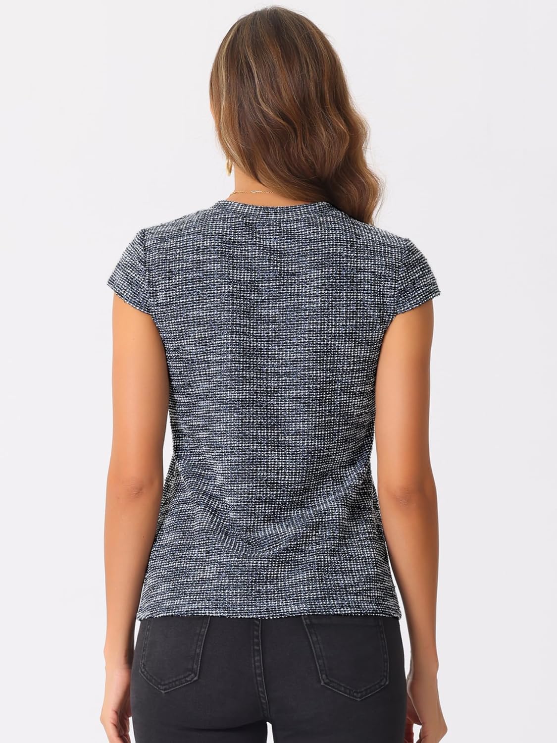 Allegra K Tweed Tops for Women's Summer Plaid Cap Sleeve Casual Blouse - Image 3