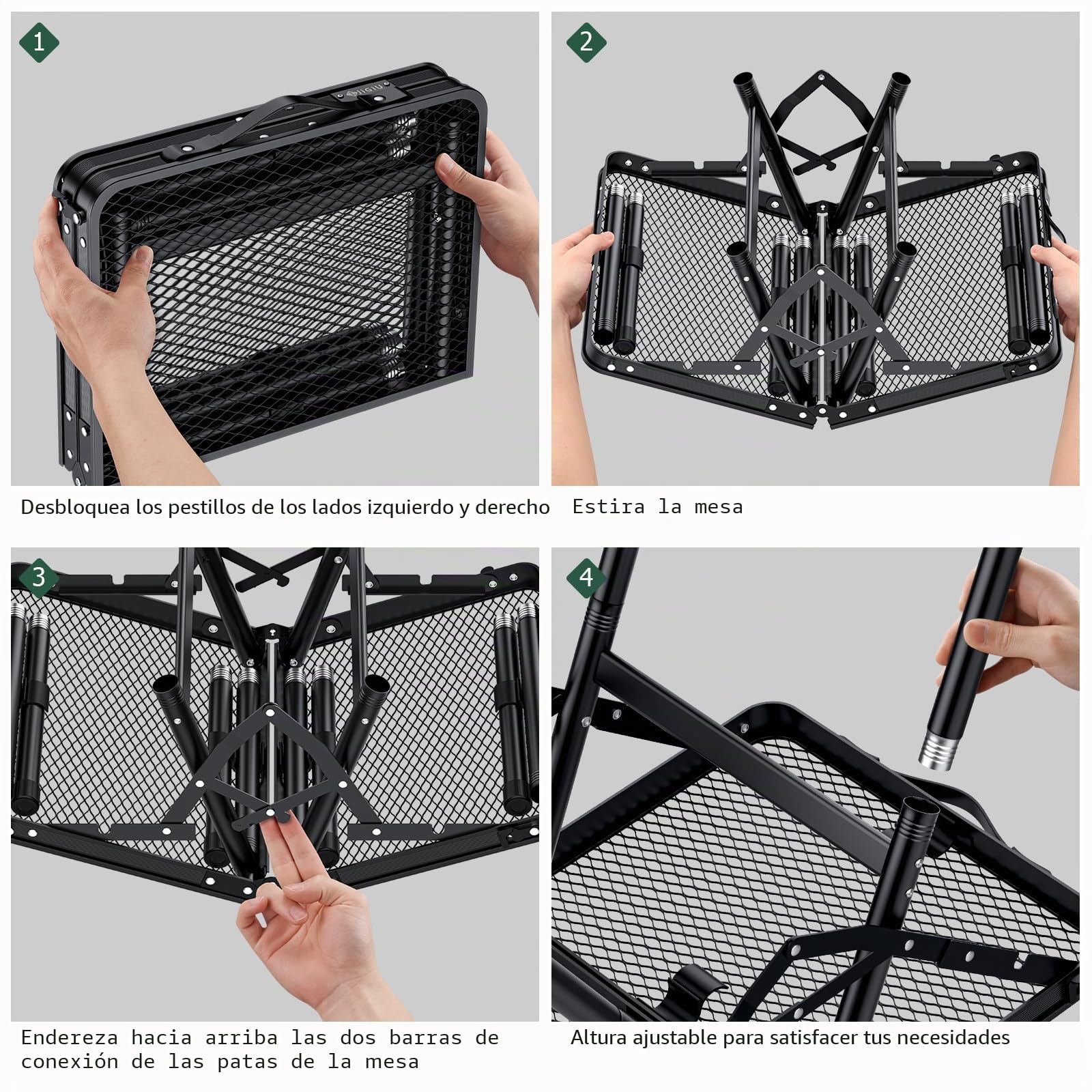 JiGiU Mesa Plegable de Camping 60X40X24.5/47.7/71cm Altura Ajustable Mesa de Malla de Aluminio Estructura en Forma de X Soporte Máxima 80KG para Interior Exterior Senderismo Barbacoa Playa