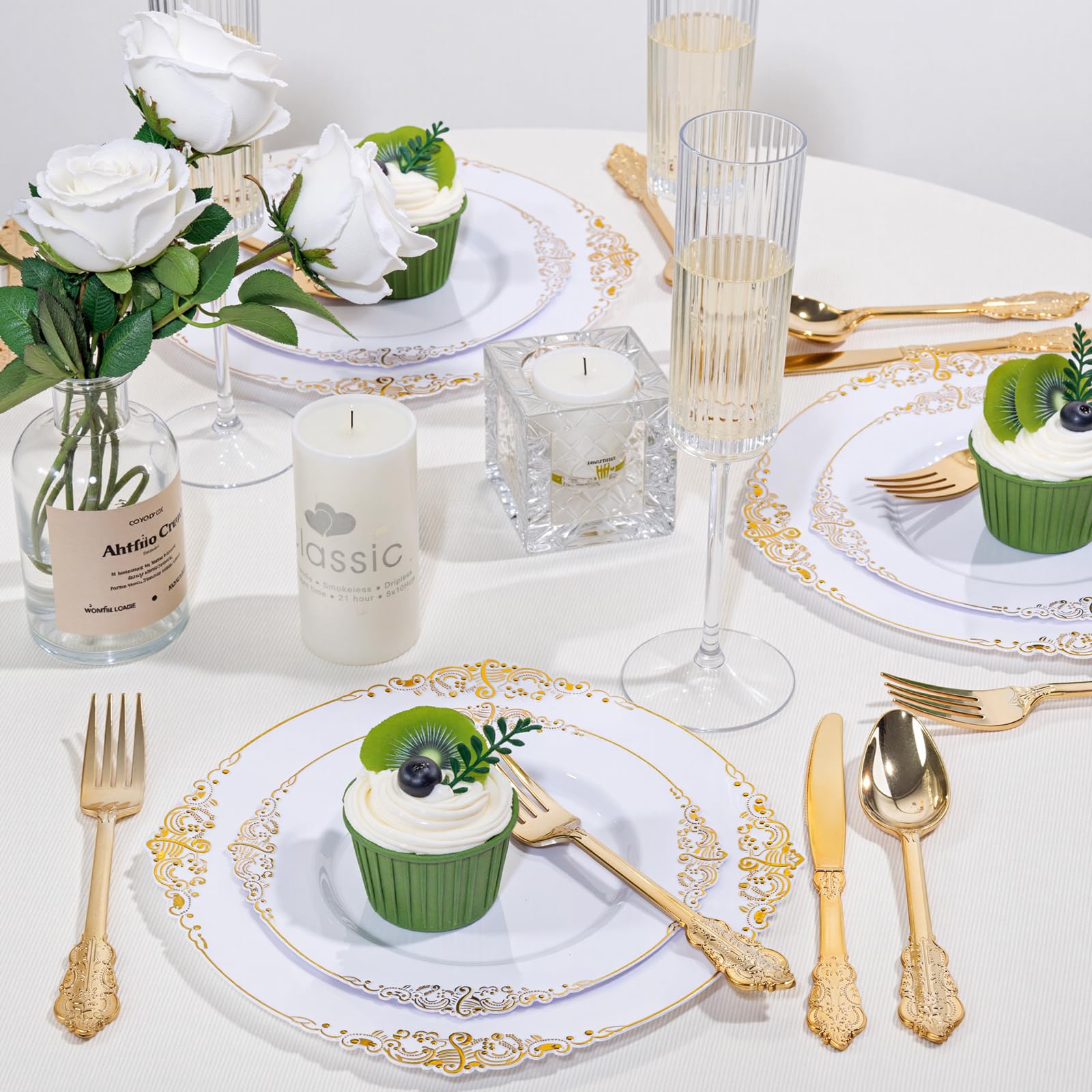Wedding Plates & Silverware Set - 125PCS Gold & White -5