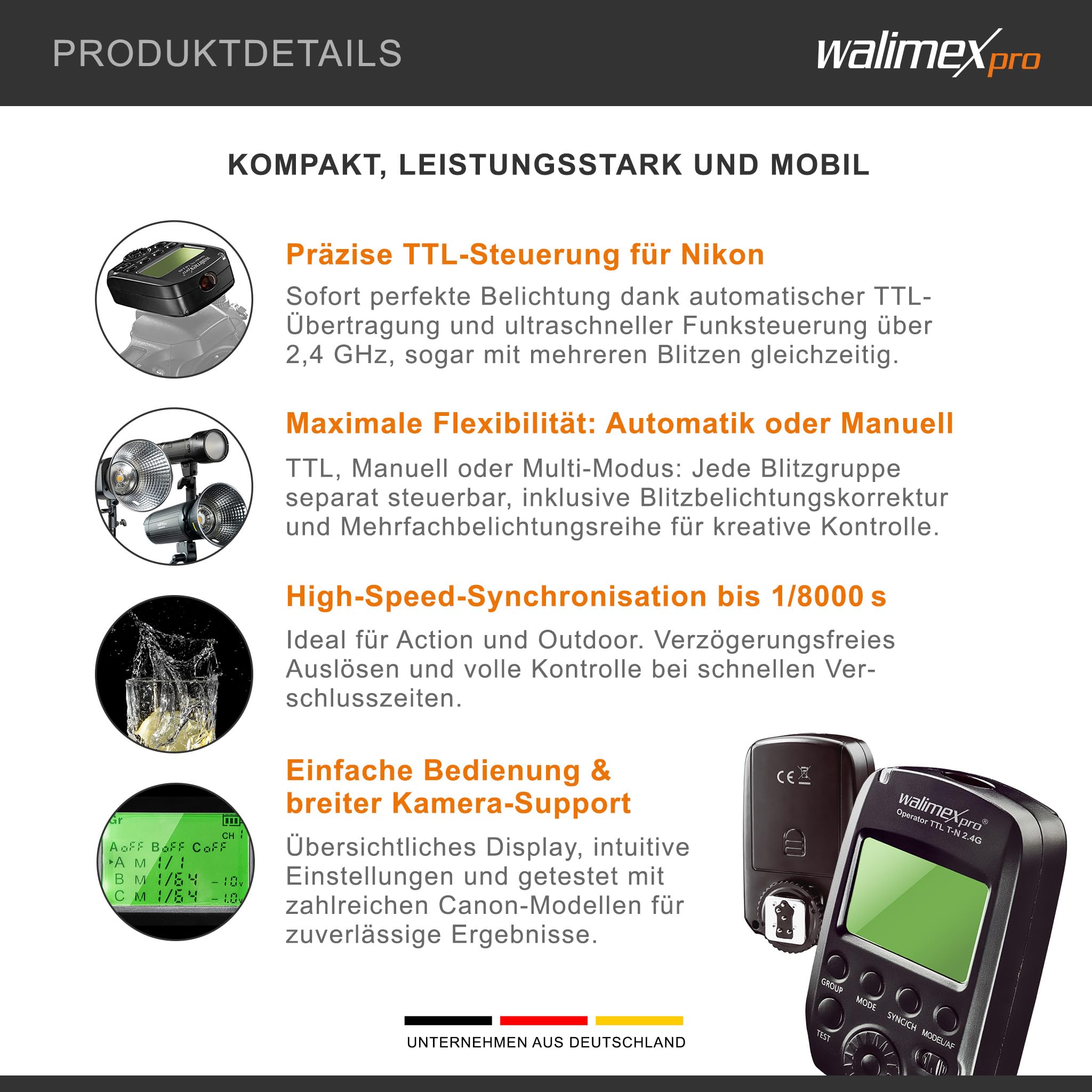 Walimex pro Operator TTL T-N kompatibel mit Nikon Kamera, Funk Fernbedienung und Funk Auslöser für Newcomer, Emerger, Campaigner, Stager und Mover 200/400 TTL