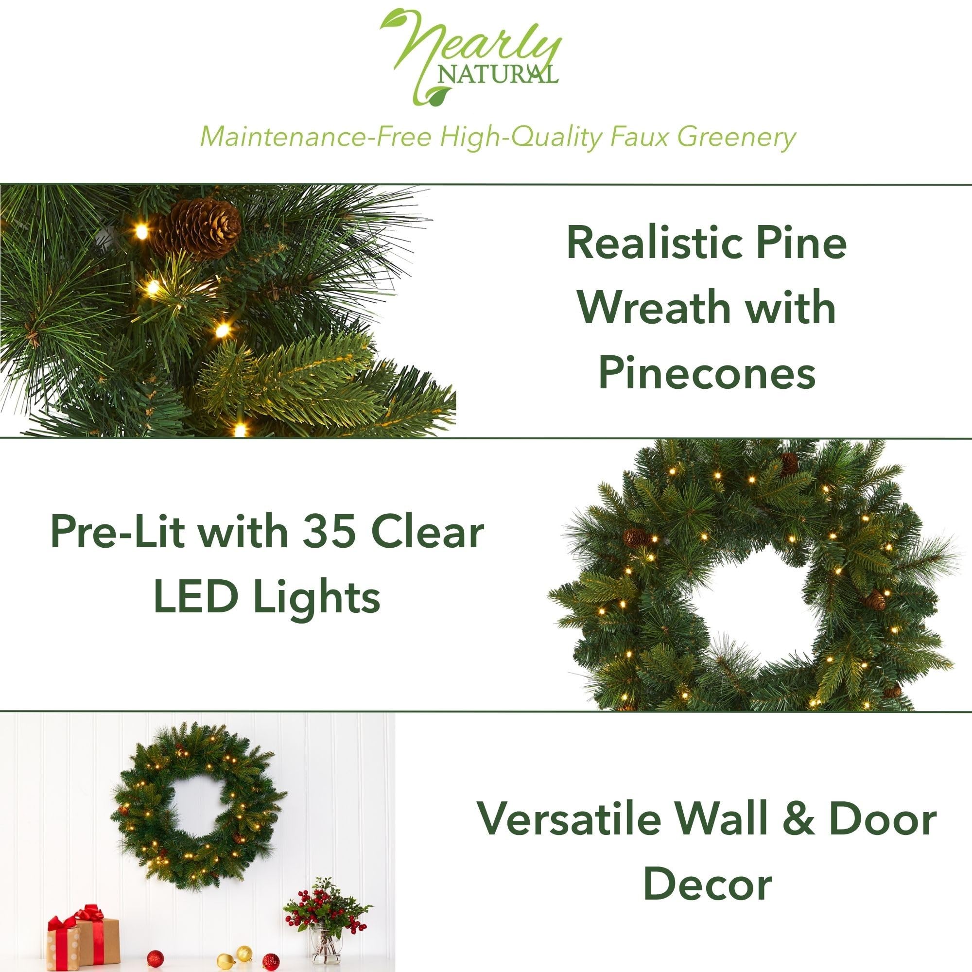 Corona de Navidad Artificial de Pino Mixto de 24 Pulgadas con 35 Luces LED Transparentes y piñas