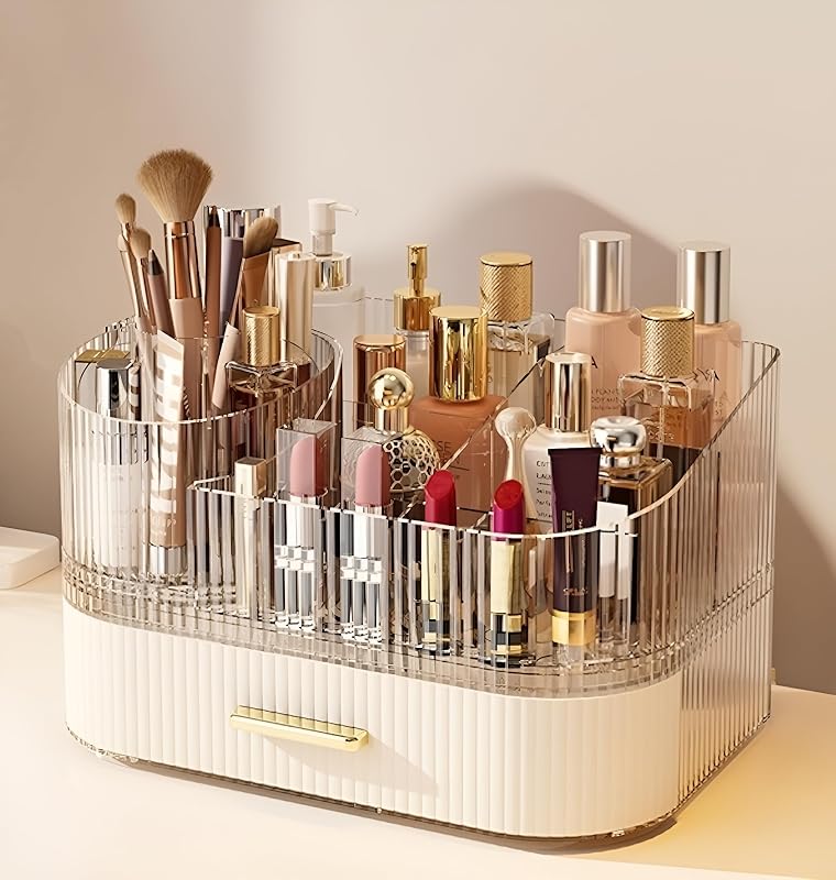 Organizador de maquiagem SpaceLuxe com gavetas e suporte giratório para pincéis 360°, Cream White