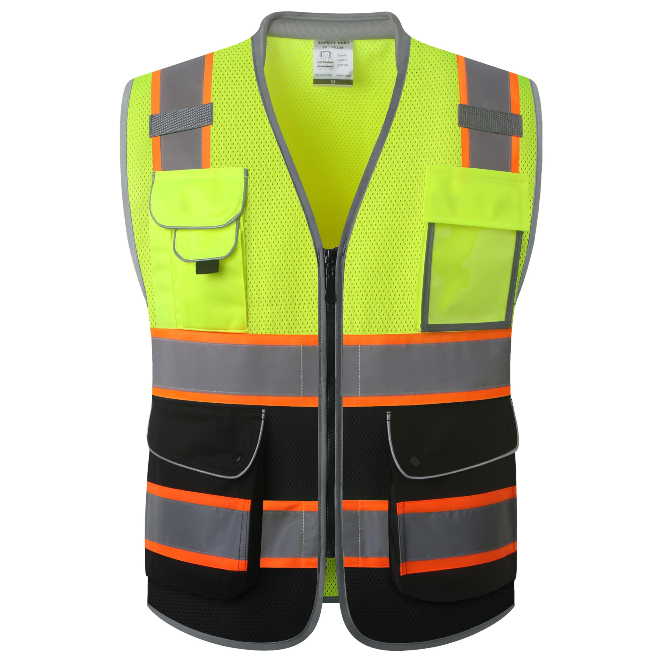 JKSafety 9 Pockets Class 2 Hi-Vis Safety Vest High Visibility Reflecitive Mesh Safety Vests for Men and Women Cushioned Collar Work Utility PPE Work Gear ANSI/ISEA compliant (101-YBlack L)