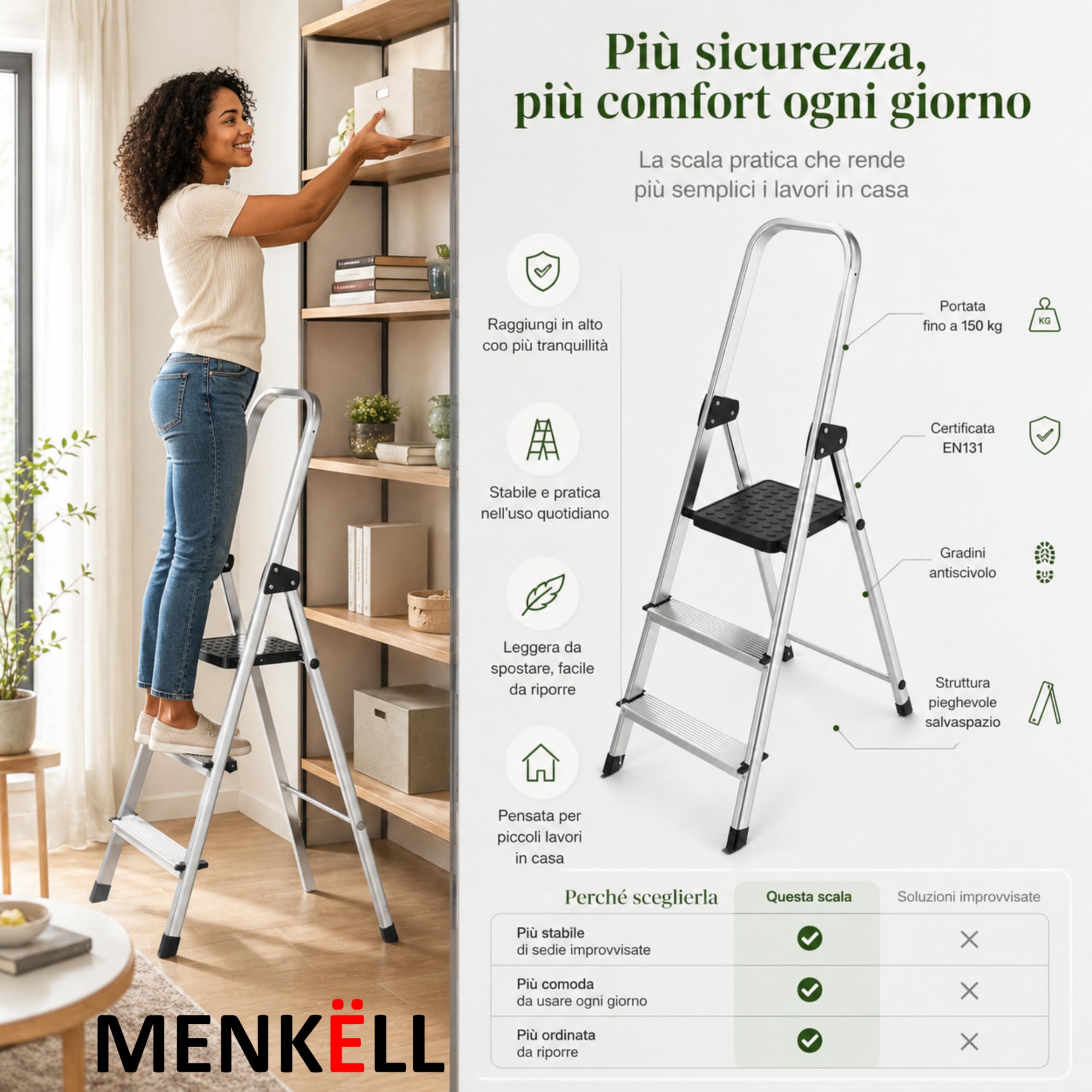 Scala in Alluminio 4 Gradini - Portata 150kg, Certificata EN131 - Antiscivolo, Ultraleggera e Salvaspazio - Uso Domestico e Lavorativo - Pratica da Aprire, Chiudere e Riporre (1 Scala, 3+1 Gradini)