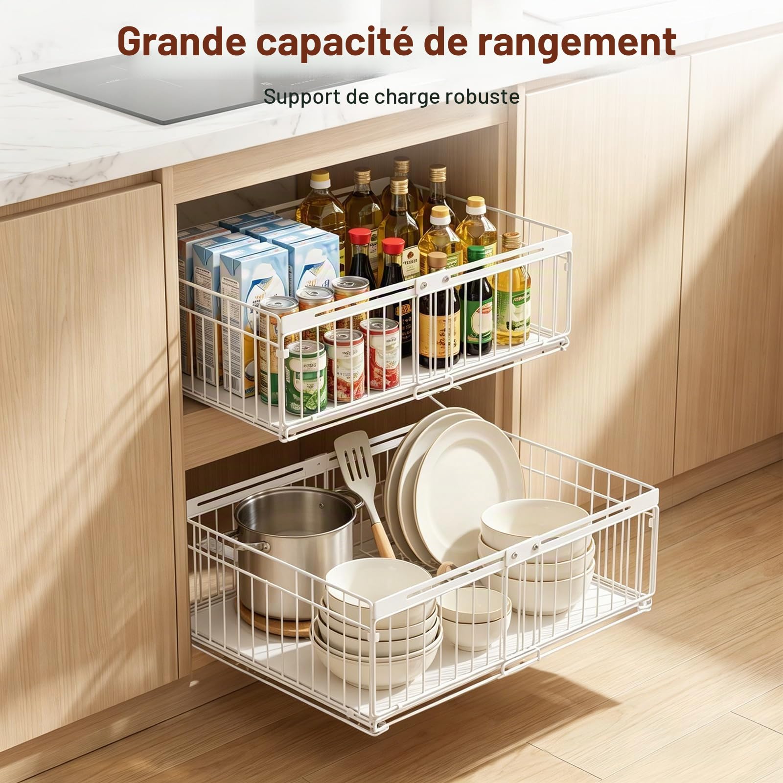 Lot 2 Tiroir Coulissant Cuisine, Extensible 30-51cm,Aucun PerçAge | 30-51cm L x 40cm P x 17cm H Adhesif Tiroirs Coulissant Acier Carbone, Organisateur de Tiroir Coulissants Placard Cuisine