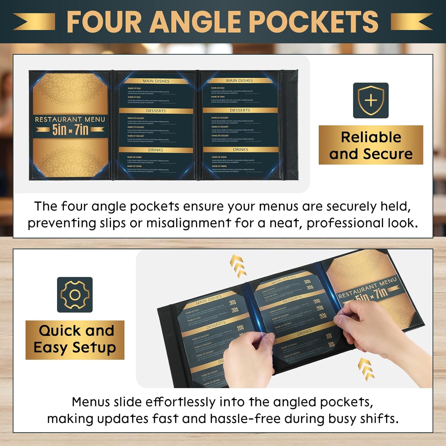 20 Pack 5" × 7" Table Tent Menu Covers, Leatherette PU Leather 3-Side Triangle Picture Frames with Angled Corners, Triangle Menu Holders for Restaurant Coffee Cafe Bar Drink Dessert