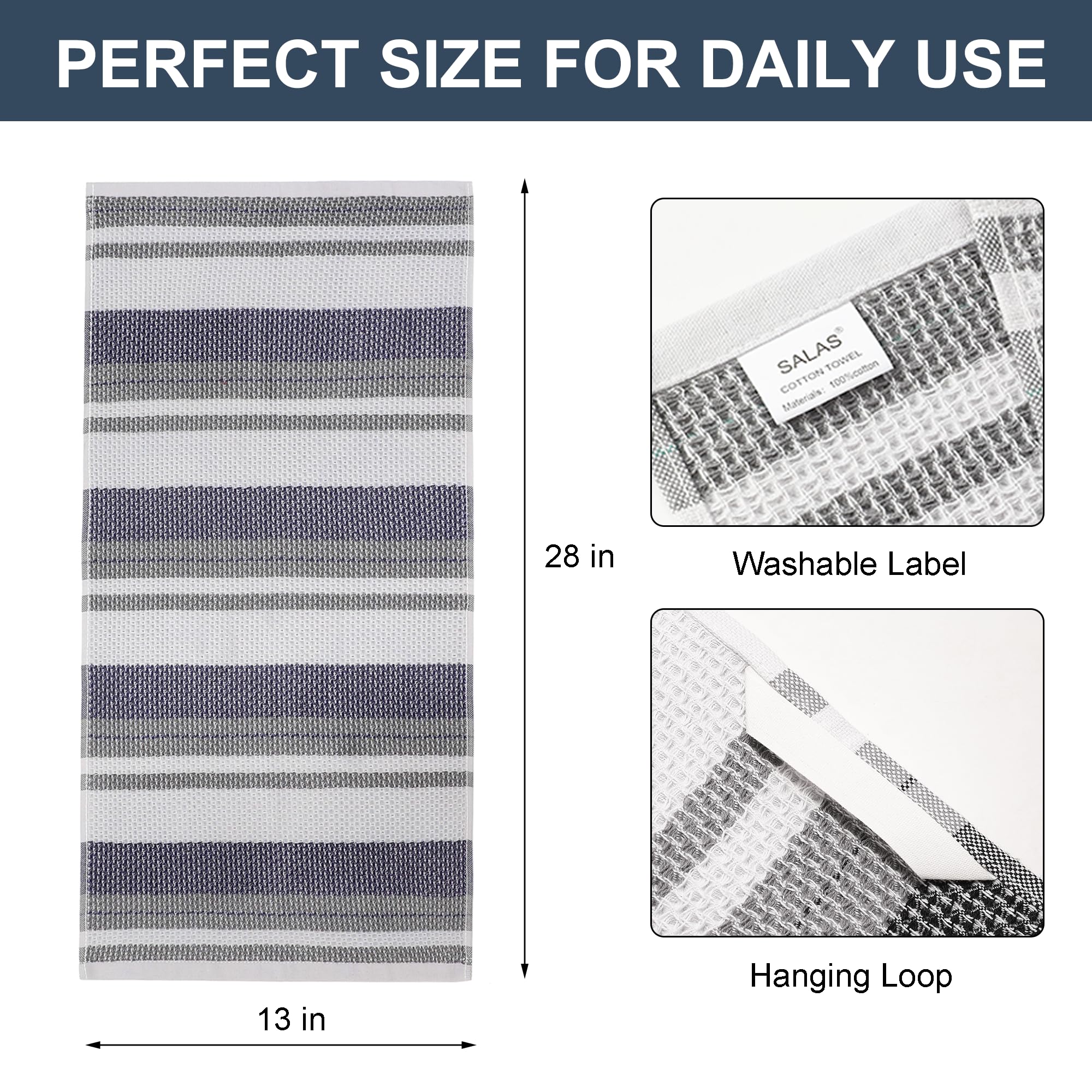 SALAS Paños de cocina, paños de cocina para platos de secado rápido, paños de tejido gofre para cocina, paños absorbentes de cocina, 13 x 28 pulgadas, paquete de 4 unidades, color azul