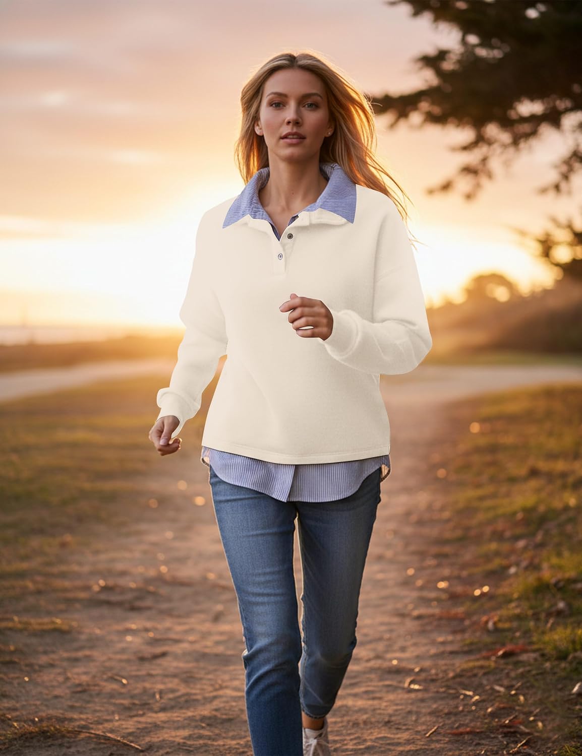 Womens Long Sleeve Polo Shirt 2 in 1 Button Down Collared Patchwork Pullover Top Casual Loose Contrast Fall Outfits - Image 3