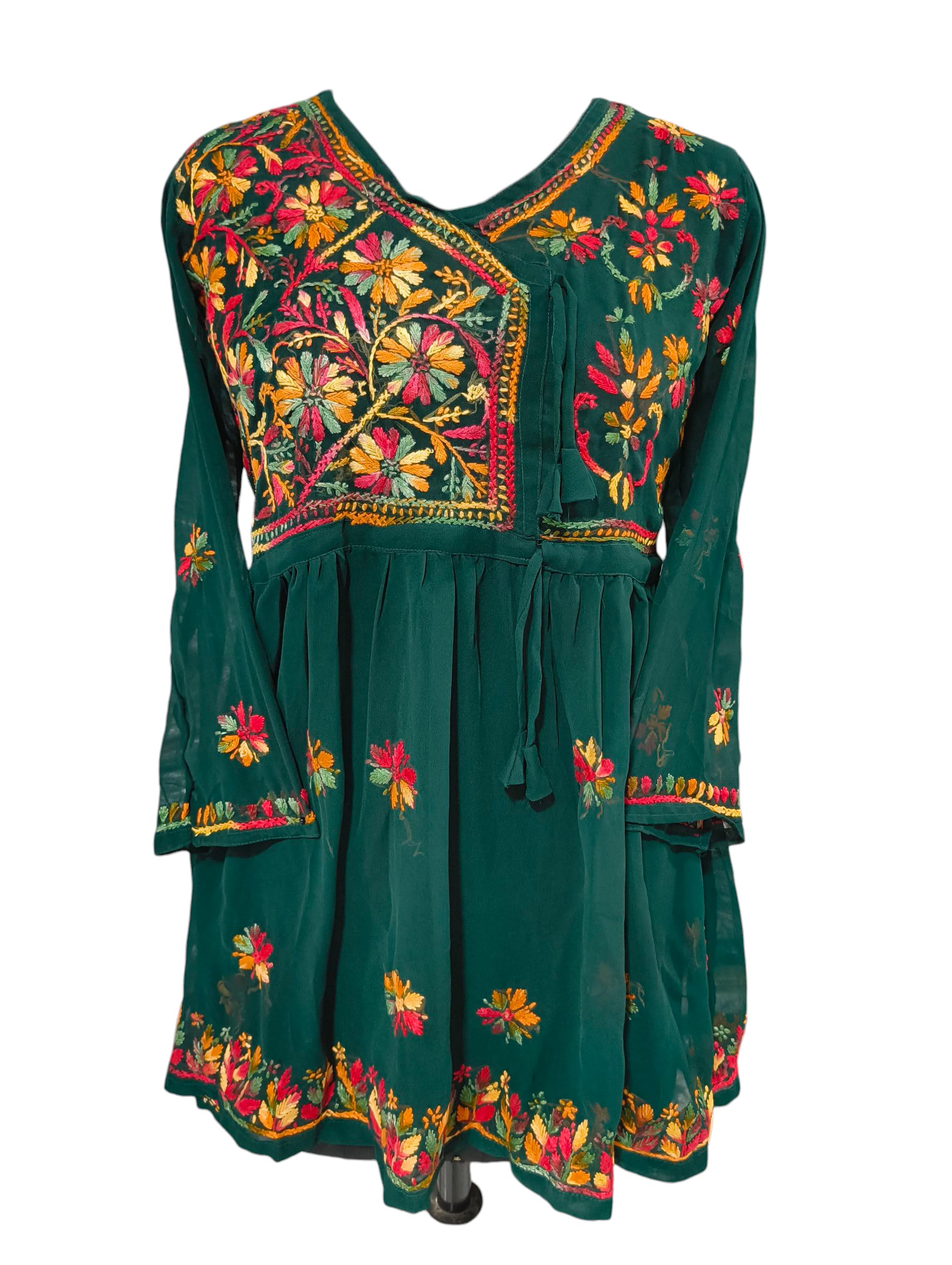 Women Fashion Lucknowi Chikankari Chiffon Fabric Handwork Multi Thread Design Short Frock for Girls. (in, Alpha, L, Regular, Green)-picture-36