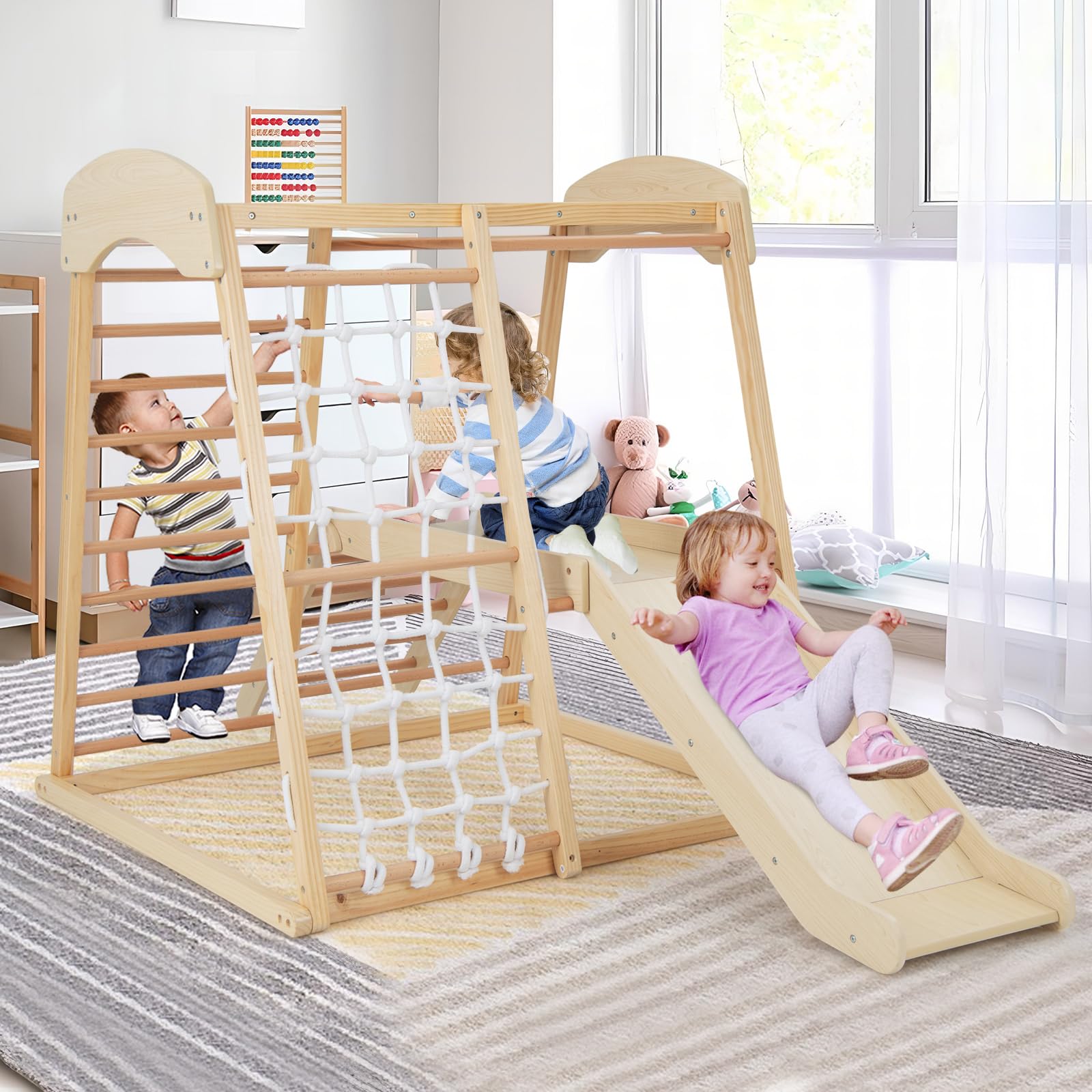 DREAMADE Klettergerüst Indoor Kletterspielzeug mit Rutsche Kletterleiter Kletternetz Affenstange, Spielturm Spielplatz Montessori Kletterdreieck aus massivem Kiefernholz für Kinder ab 1 Jahr (Natur)
