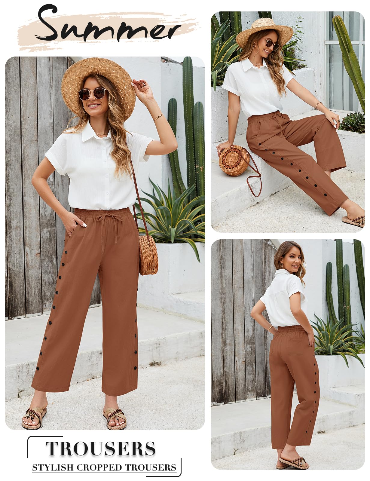 Voqeen Pantalones Verano Mujer Frescos Elástico Casuales Pantalón Anchos de Algodón Ligeros y Cómodos Pantalones Largo con Bolsillos Cordón 7/8 Pantalón de Playa Cintura Alta Suelto